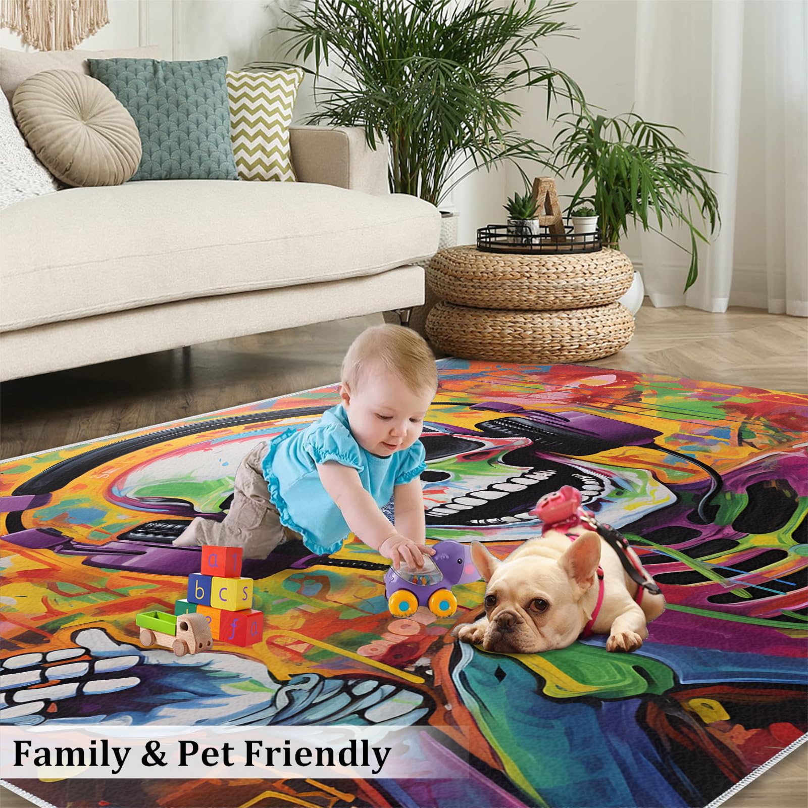 Tapis moderne résistant aux taches et à l'aquarelle graffiti pour chambre à coucher, salon, garçons et adolescents, motif tête de mort, 140 x 200 cm