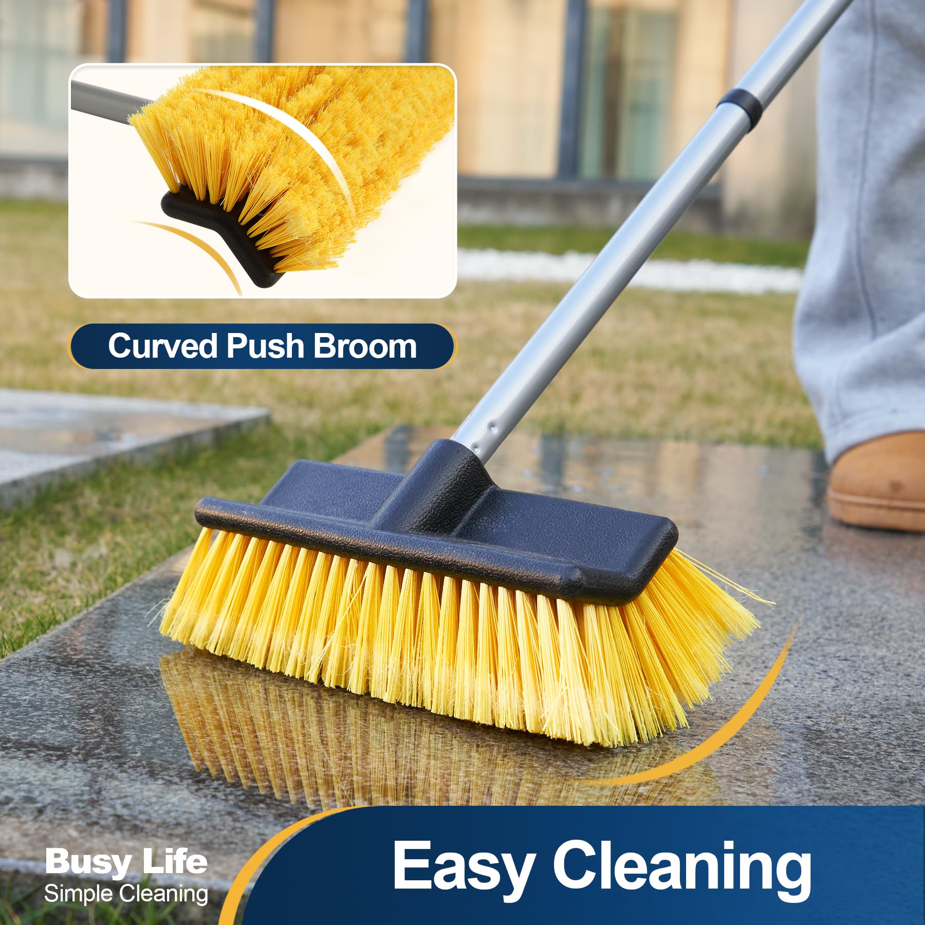Yocada Spazzola per pavimenti con manico estensibile a 4 sezioni, setole morbide e medie, impugnatura antiscivolo, per esterni, patio, bagno, garage, pulizia del calcestruzzo, 140 cm