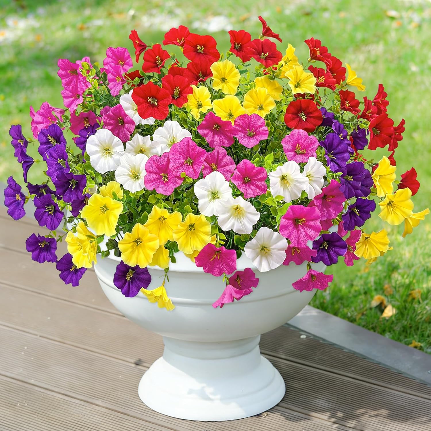 20 Bundles Artificial Flowers for Outdoors, Fake Flower UV Resistant Silk Morning Glory Petunias Eucalyptus Faux Plants for Outside Planter Vase Garden Yard Porch Window Home Decor, Multicolor