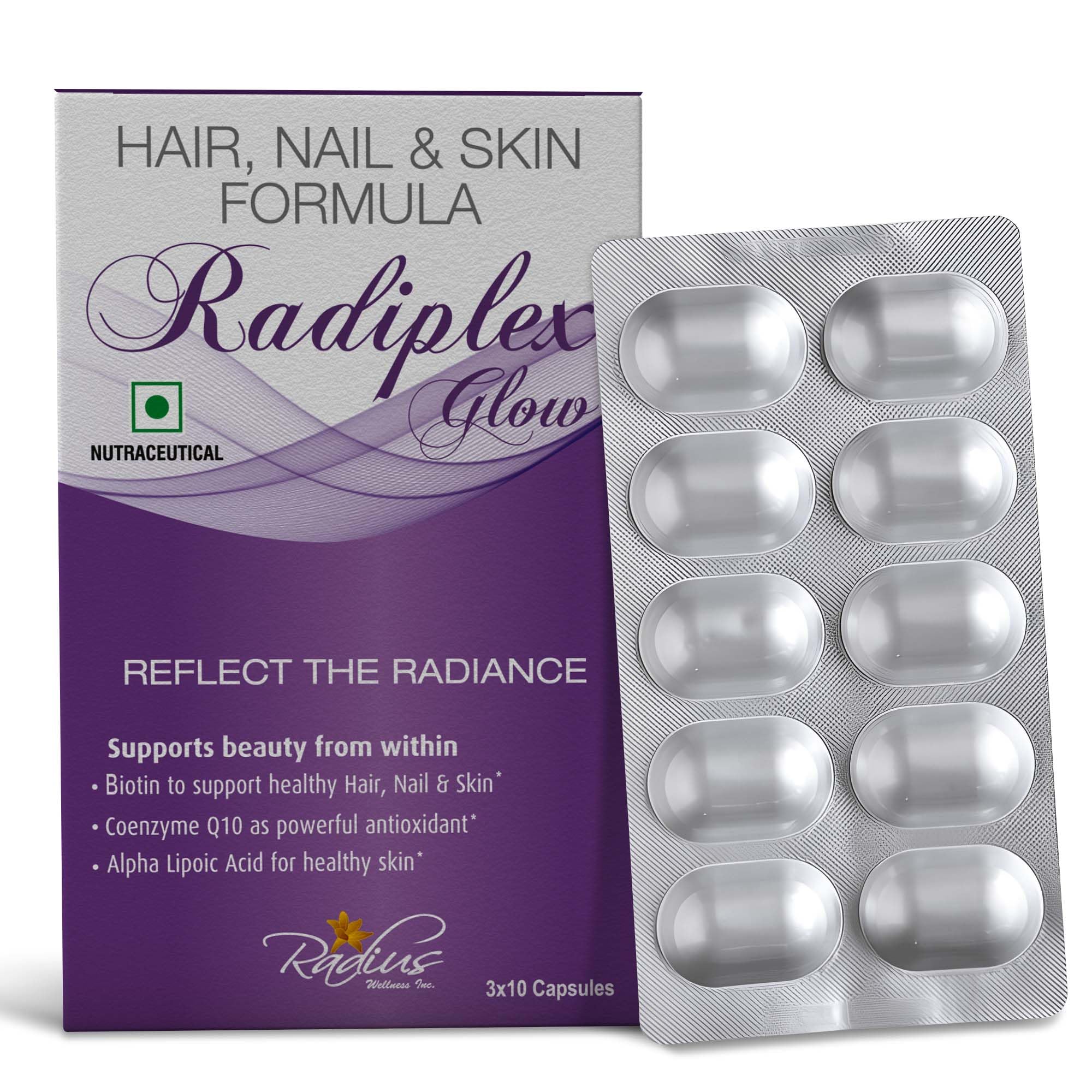 Glow Hair, Skin & Nail Capsules | With Biotin, CoQ10, Selenium, ALA, Vitamin C & B5 | Supports Glowing Skin, Hair Nourishment & Strong Nails | For Men & Women | 30 Capsules