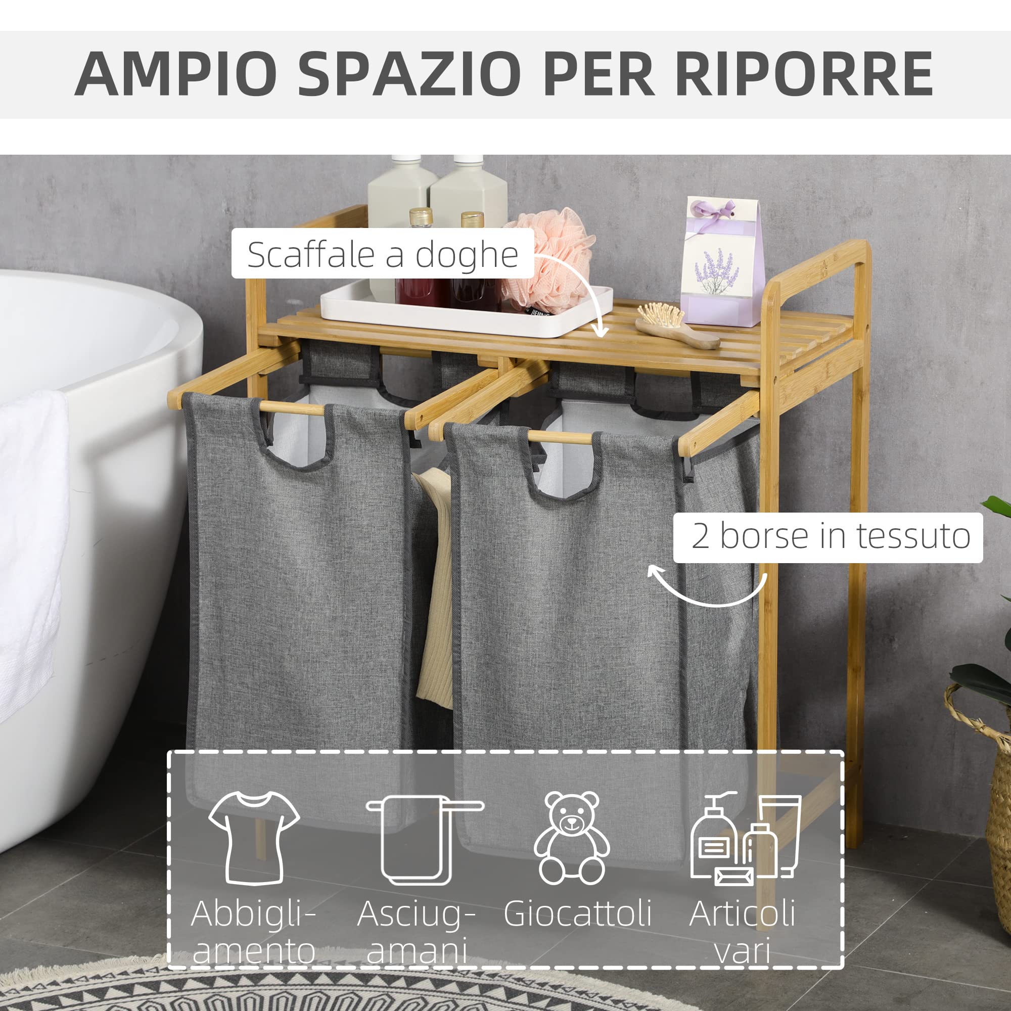 HOMCOM Portabiancheria in Legno di bambù, Doppio cesto Estraibile con Maniglie e Ripiano a Doghe, 63.5x33x73cm, Grigio