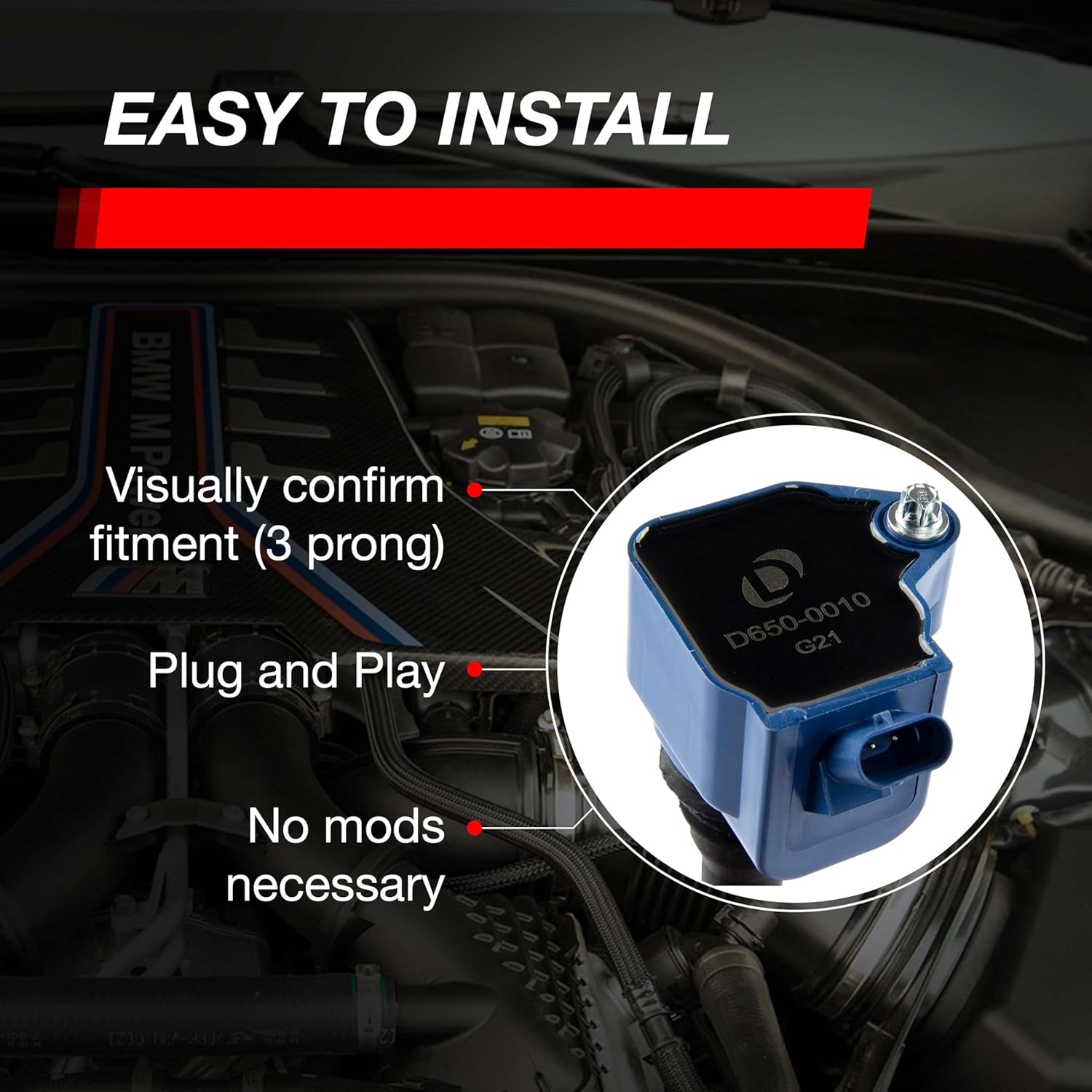 Dinan Ignition Coil D650-0010 (Blue) for Select BMW B and S Series Models - B36 B38 B46 B48 B58 & S58 - Replacement for OEM Stock Part Numbers 0750990012, 12137619385, 12138643360, 12138678438-1pk