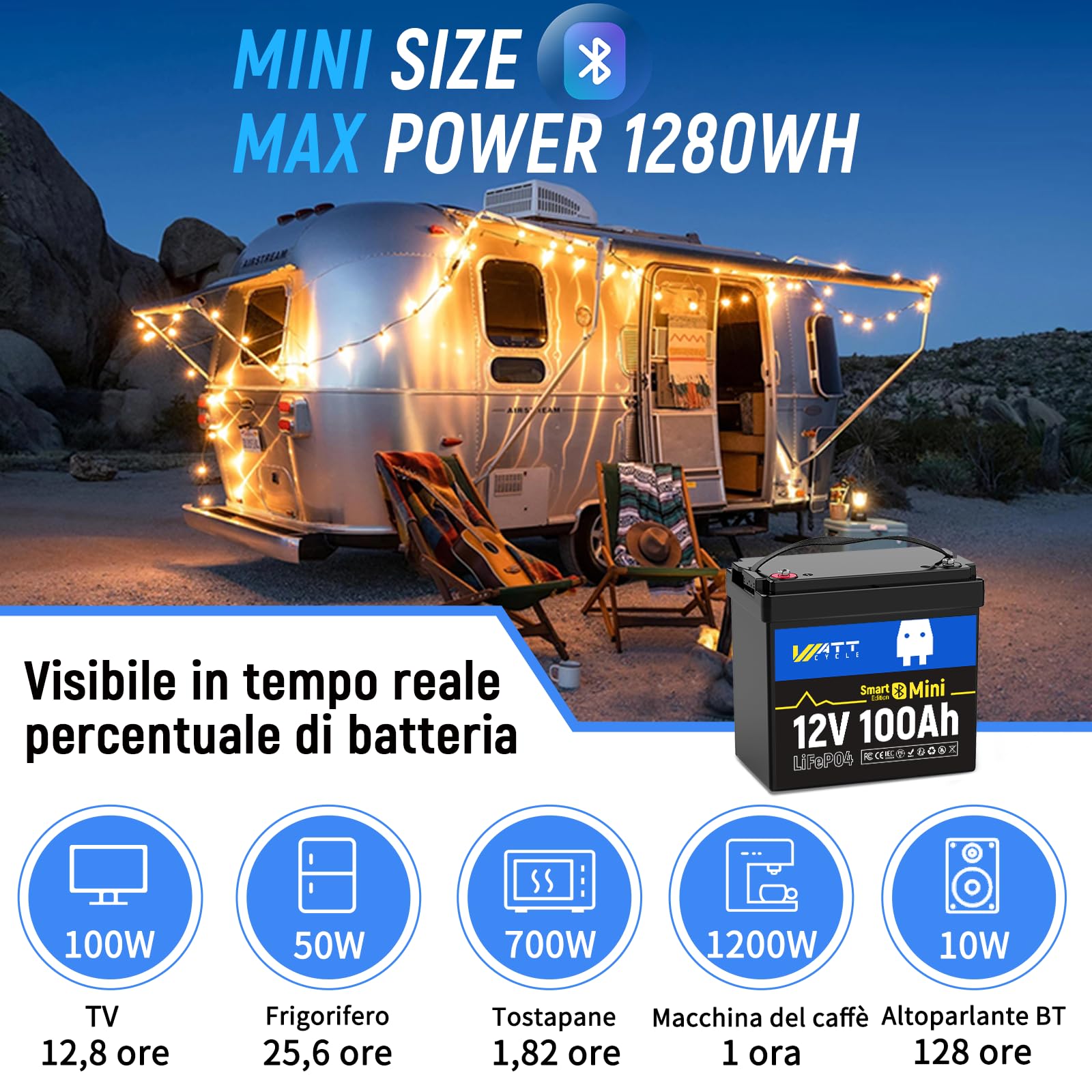 WattCycle Batteria LiFePO4 12V 100Ah con Bluetooth, Batteria al Litio 1280Wh con BMS Intelligente 100A, 15000+ Cicli, Protezione Bassa Temperatura, Batteria Deep Cycle per Camper, Barca, Fotovoltaico