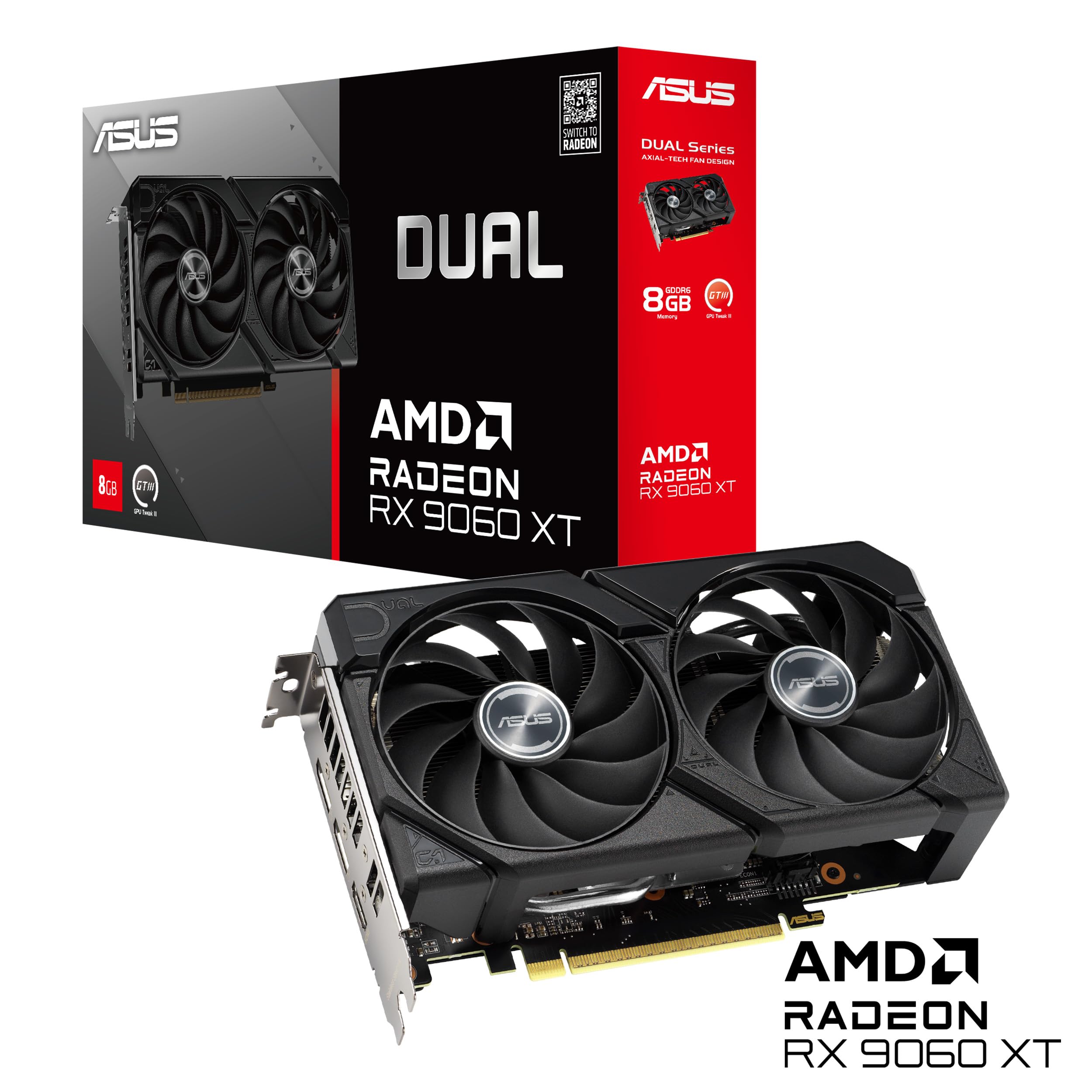 ASUS Dual Radeon RX 9060 XT 8 GB GDDR6 - Tarjeta gráfica (PCIe 5.0, HDMI 2.1b, DisplayPort 2.1a, diseño de 2.5 Ranuras, Ventilador Axial-Tech, tecnología 0dB)