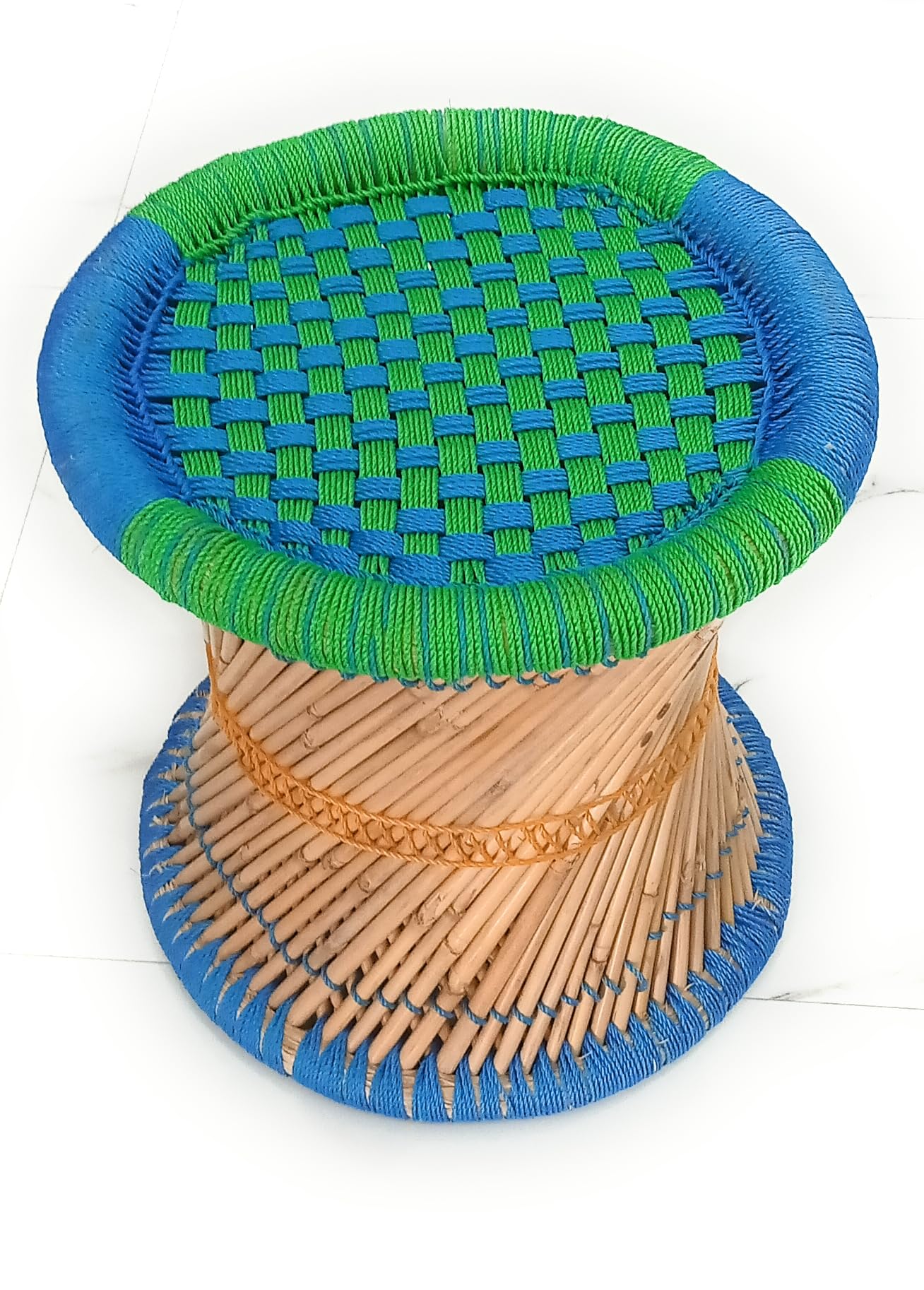 Handcrafted Bamboo Stool with Woven Top, Blue and Green, Traditional Round Design-image-31