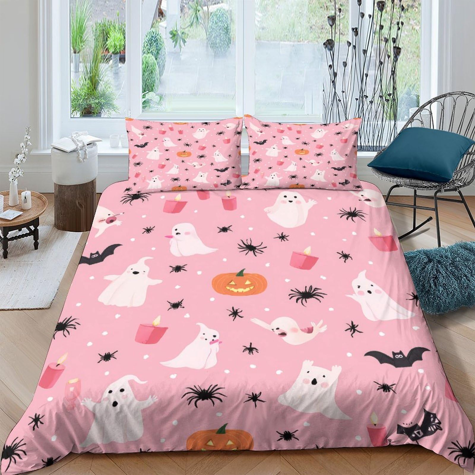 GPLZQXKJNH 3D Printed Pink Halloween Ghost Duvet Cover Set Microfiber Soft Breathable Pumpkin Bat Bedding Set with 2 Pillowcases for Bedroom Home Decor Single（135x200cm）