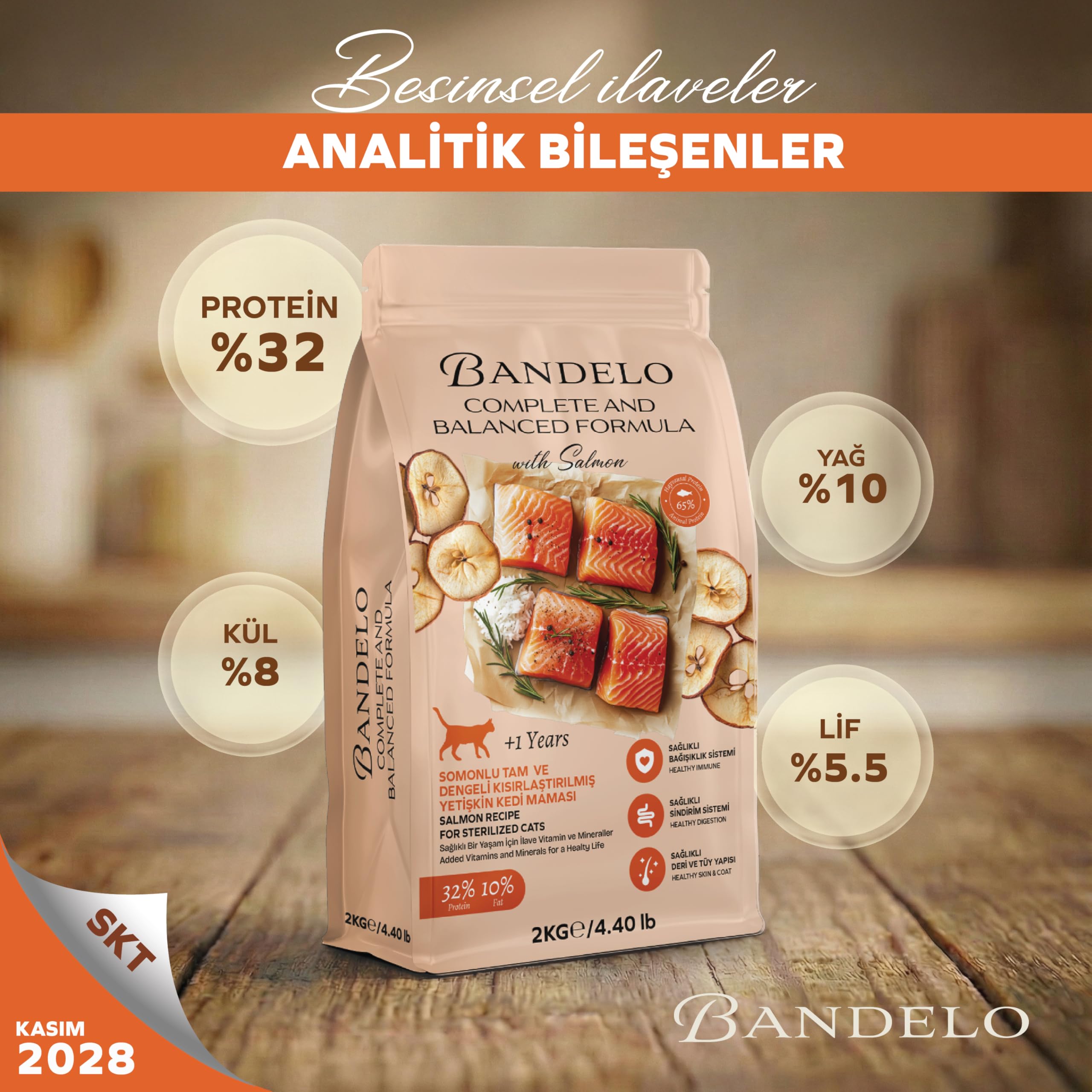 Bandelo Kısırlaştırılmış Somonlu Yetişkin Kuru Kedi Maması 2 Kg - Vitamin İlaveli Tam ve Dengeli Kilo Kontrolü, Yüksek Hayvansal Protein İçerikli Kuru Mama