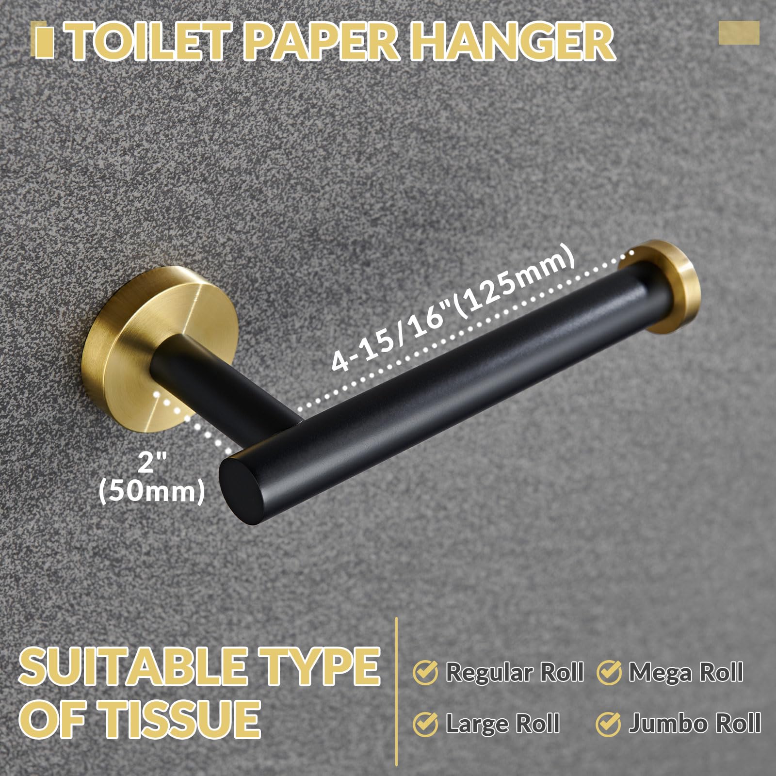 Soporte de papel higiénico redondo de acero inoxidable medio abierto, para almacenamiento de pared de baño y cocina (negro y dorado) 2