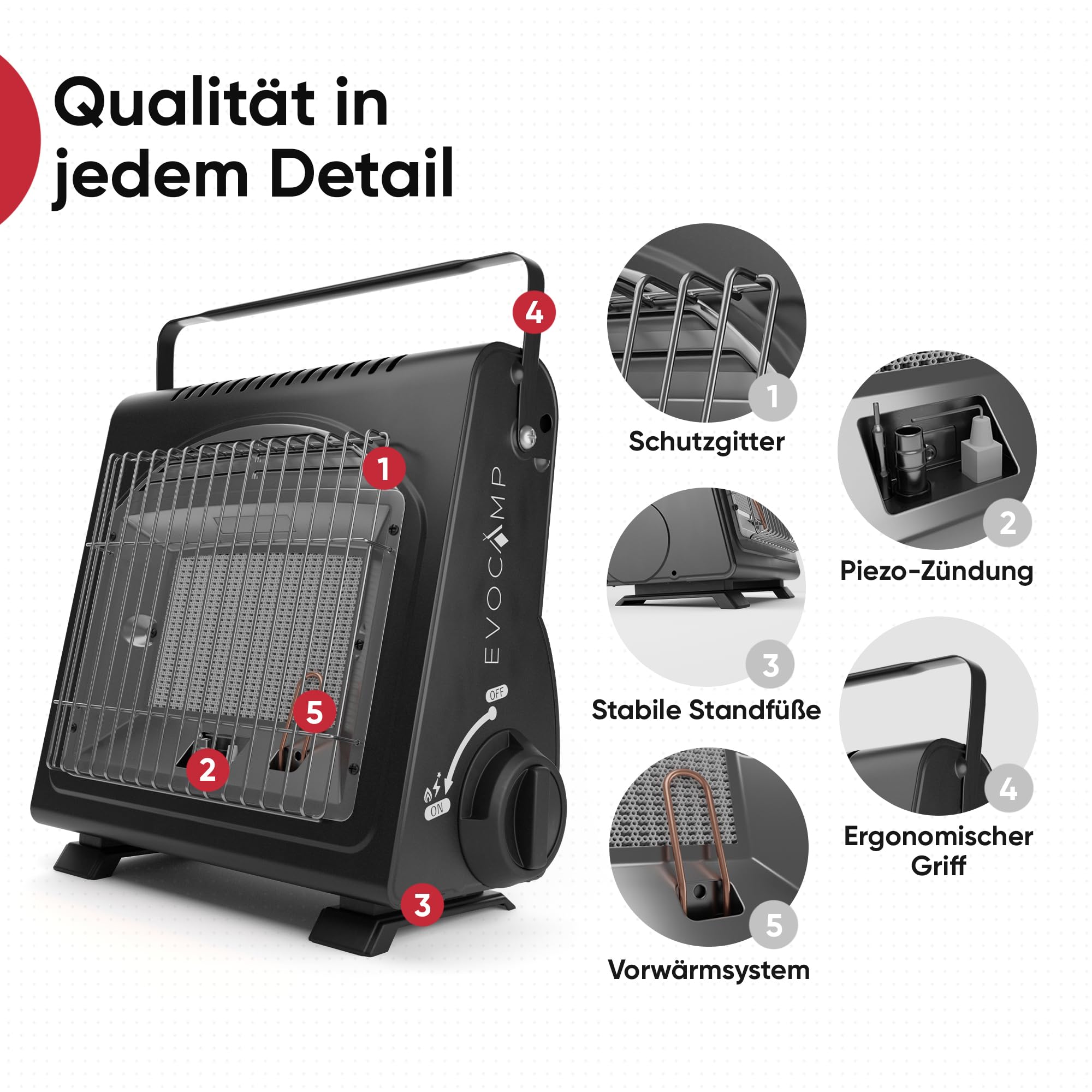 EVOCAMP Tragbare Gasheizung, Camping Heizung 1,7 kW, multifunktionale Keramikheizung, perfekte Gasheizung für den Outdoor-Einsatz mit ODS (Sauerstoffmangelsicherung), Heizstrahler, Zeltheizung