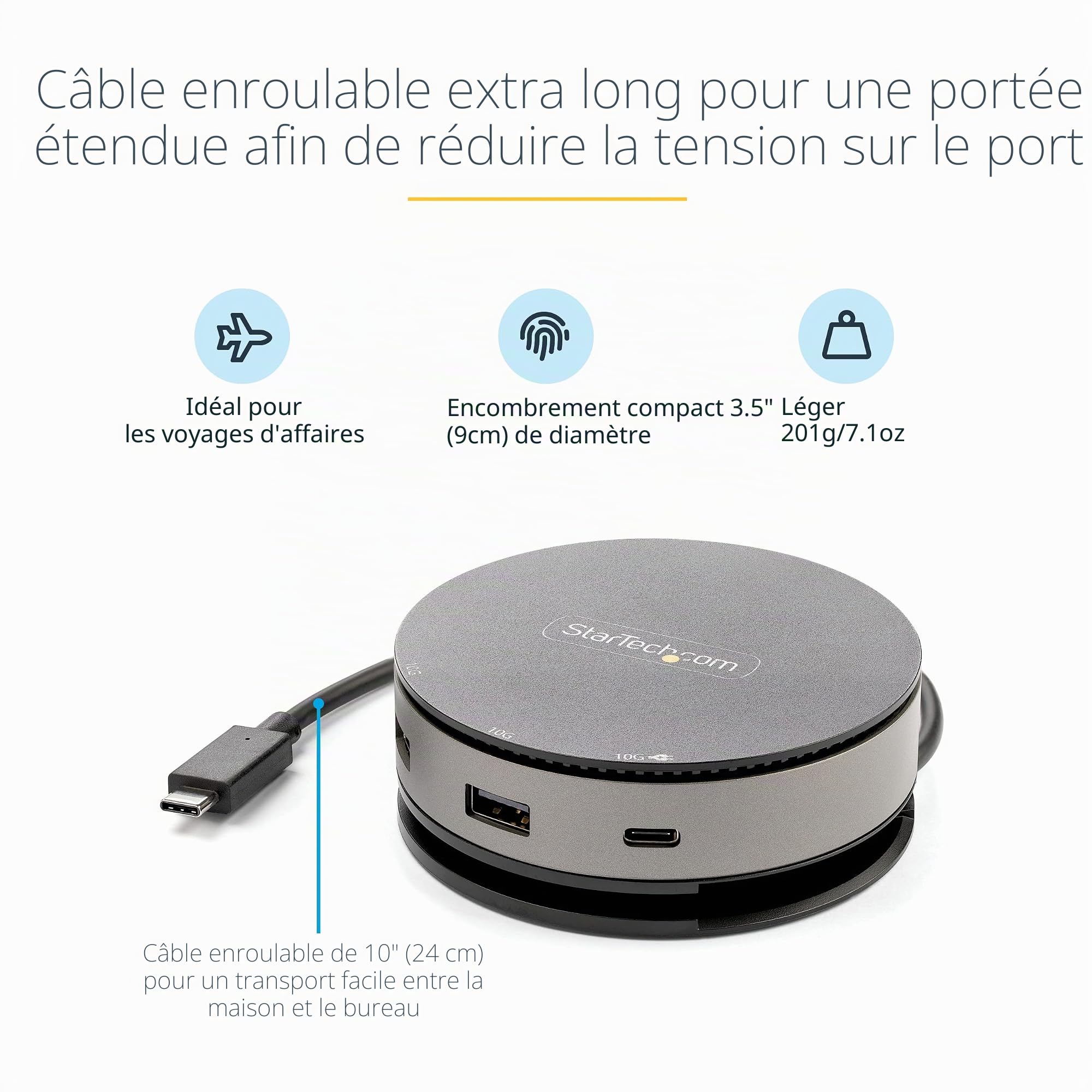 StarTech Mini Dock USB-C, HDMI DP 4K 60Hz ou VGA 1080p, 75W PD, Hub 3 Ports