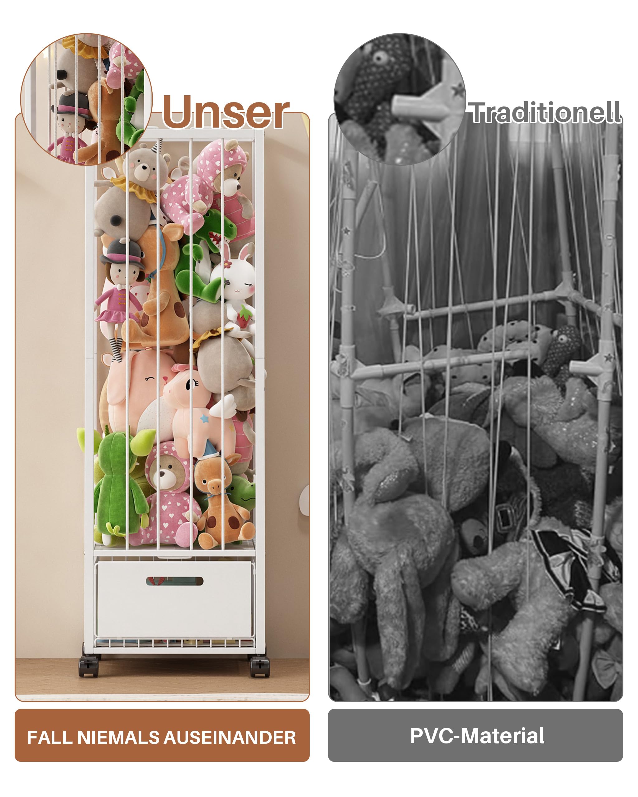 UMDONX Kuscheltier Aufbewahrung mit Schublade, 360° Bremsräder & platzsparend Design, Stofftier Organizer für Kinderzimmer, 40x32x130 cm, Weiß