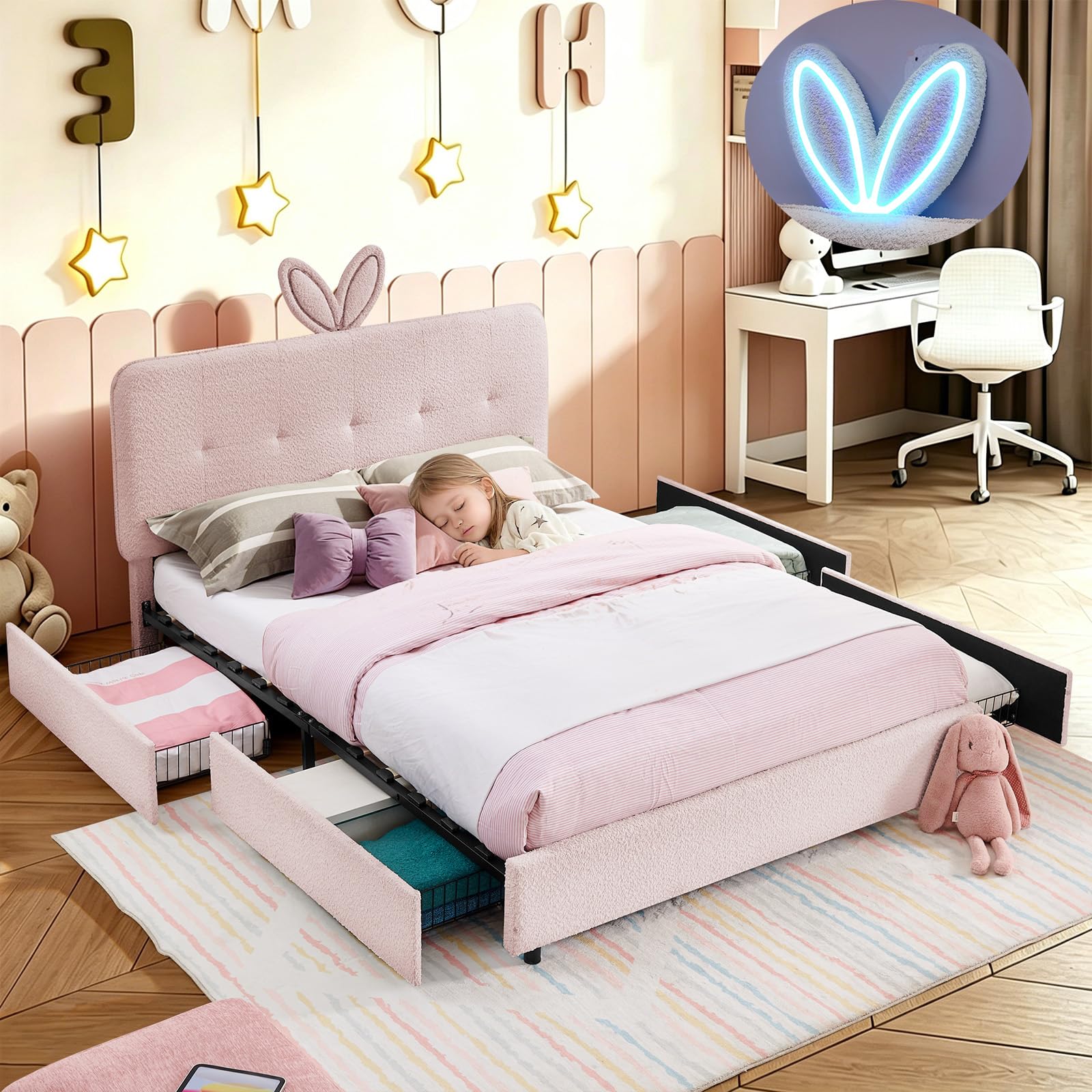 Full Led Bed Frame with 4 Storage Drawer, Upholstered Platform Floor Bed with Rabbit Ear Headboard Daybed Strong Wooden Slats No Box Spring Needed for Kids Girls Boys, Pink