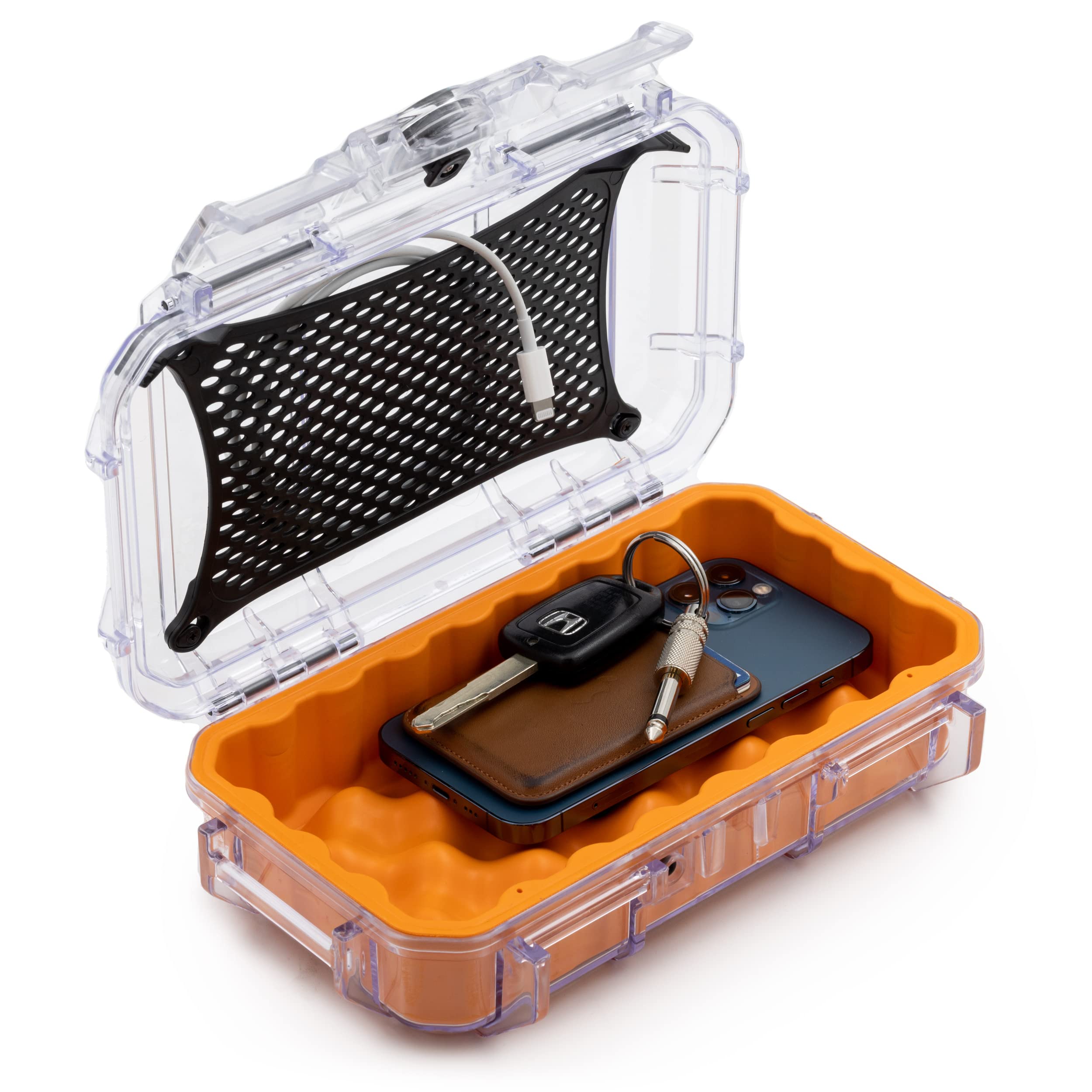 Evergreen 56 Clear Waterproof Dry Box Protective Case Colored Rubber Insert - Travel Safe/MilSpec/USA Made - Tackle Organization of Cameras, Phones, Camping, Fishing, Travel, Water Sports (Orange)