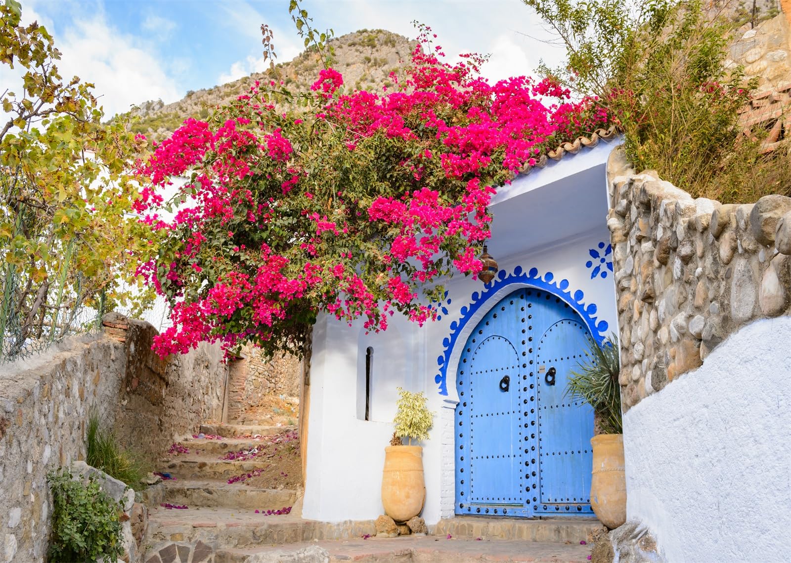 BELECO 3.6x3m Sfondo in tessuto Marocco | Vecchia casa pietra porta blu fiori sbocciati sfondo festa stile arabo marocchino accessori shooting foto