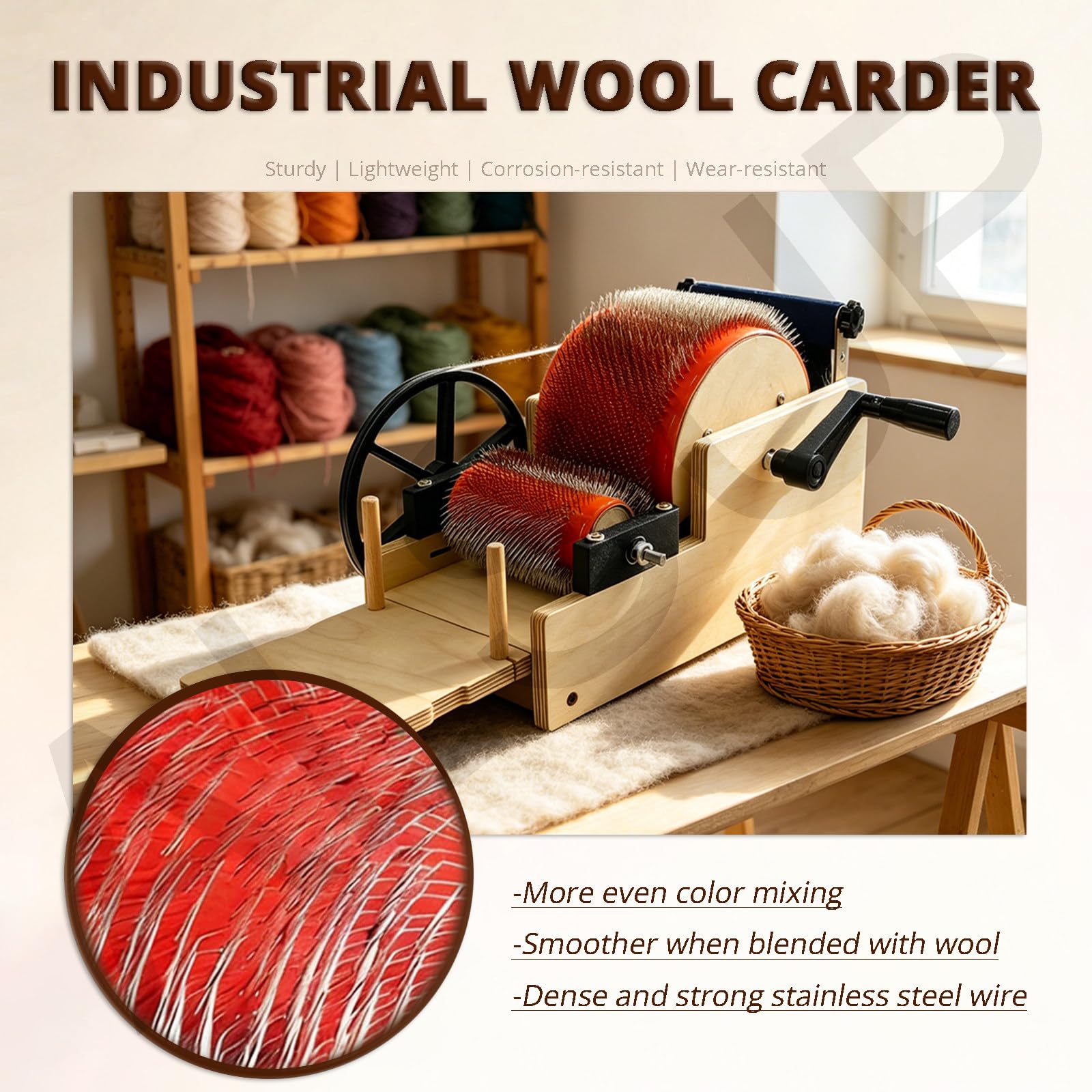 Kardiermaschine für Wolle | Manuelle Wollkardiermaschine | Holztrommel Trommelkarder | Zum Kämmen Mischen Spinnen Filzen | für DIY Filzherstellung & Filztier Bastelprojekte 12cm