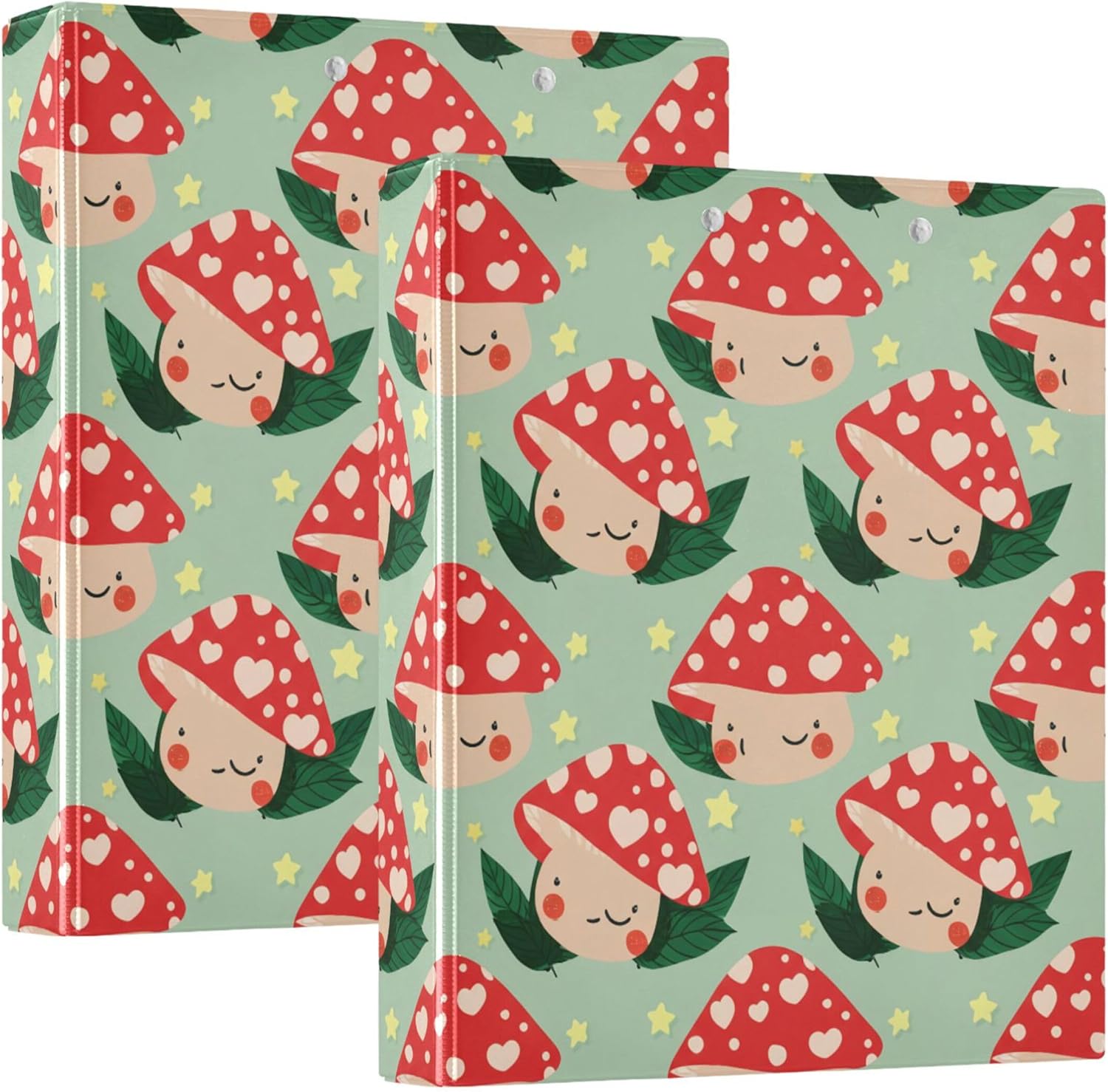 Cute Red Mushrooms 3 Ring Binders, 1.5” Round Ring Binders with Clipboard - Letter Size, 3 Interior PVC Clear Pockets & Anti-Slip Clip for Office School Supplies, 2PCS