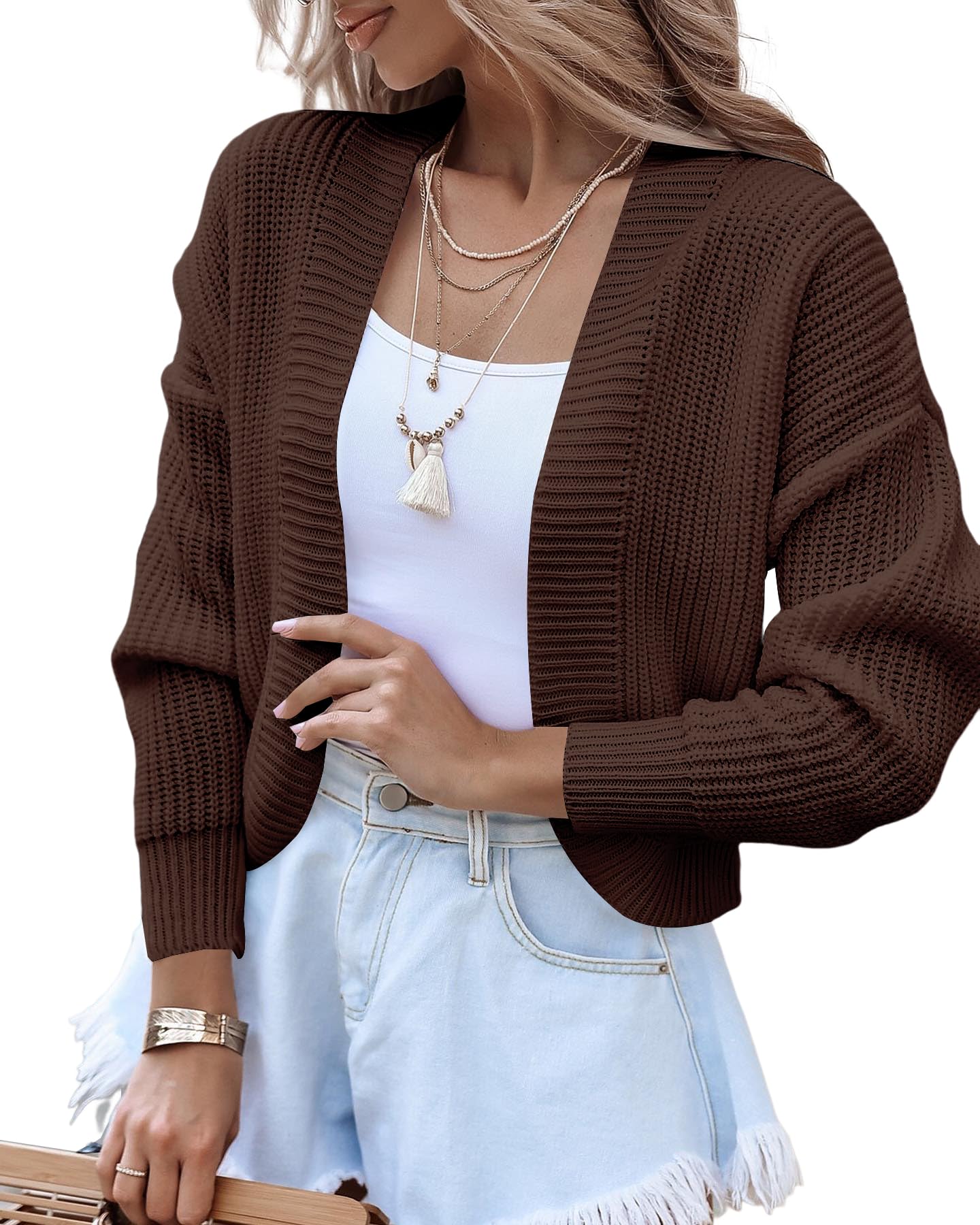 Amarmia Women's Long Sleeve Open Front Knit Cropped Cardigan Sweaters Casual Drop Shoulder Short Shrugs Sweater Coats