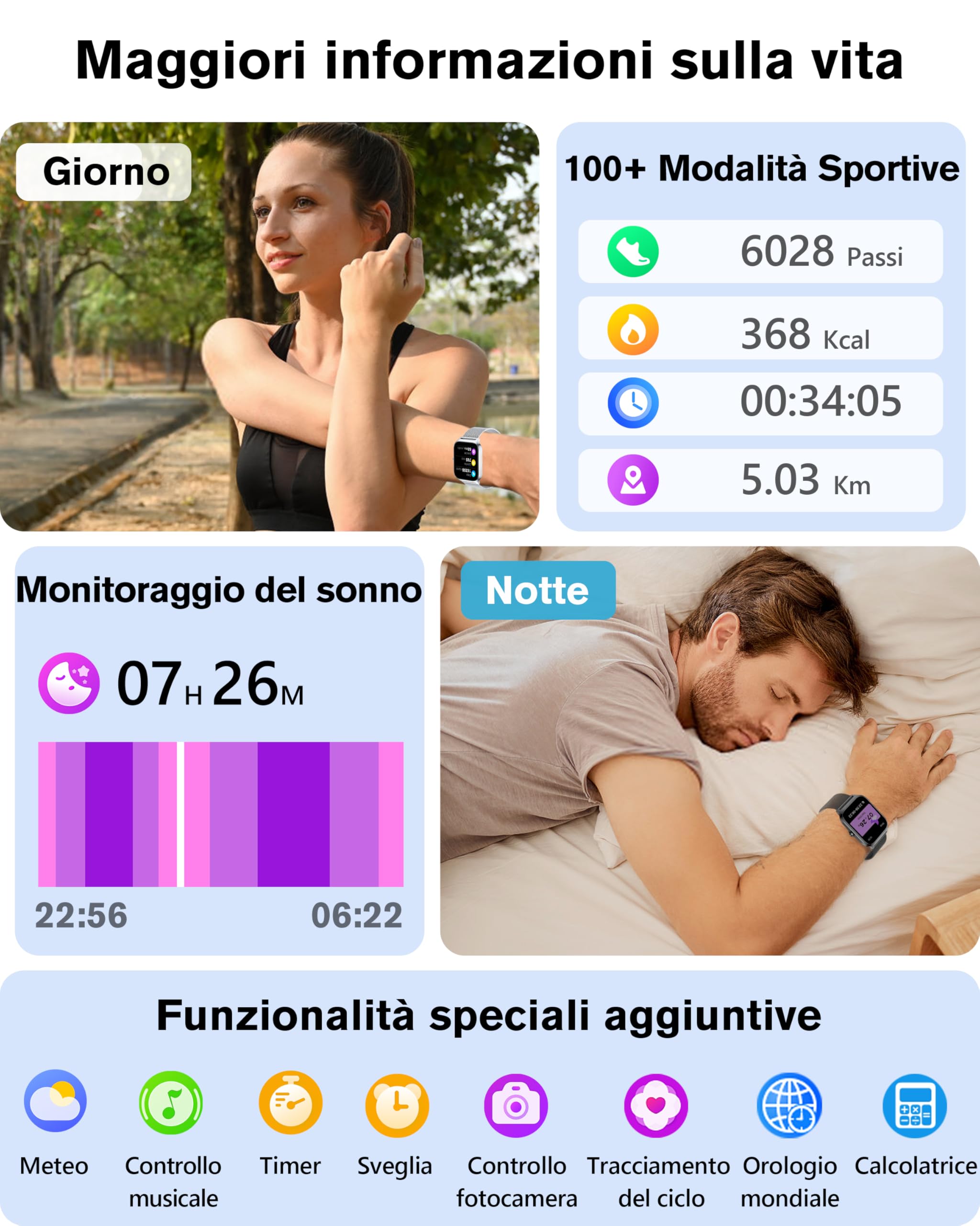KALINCO Smartwatch Uomo Donna, 1.85” IA Orologio Pressione Sanguigna, Chiamata Bluetooth, SpO2, Frequenza cardiaca, Stress, Sonno, Orologio Mondiale, 100+ Sports Watch, Regalo Android iOS