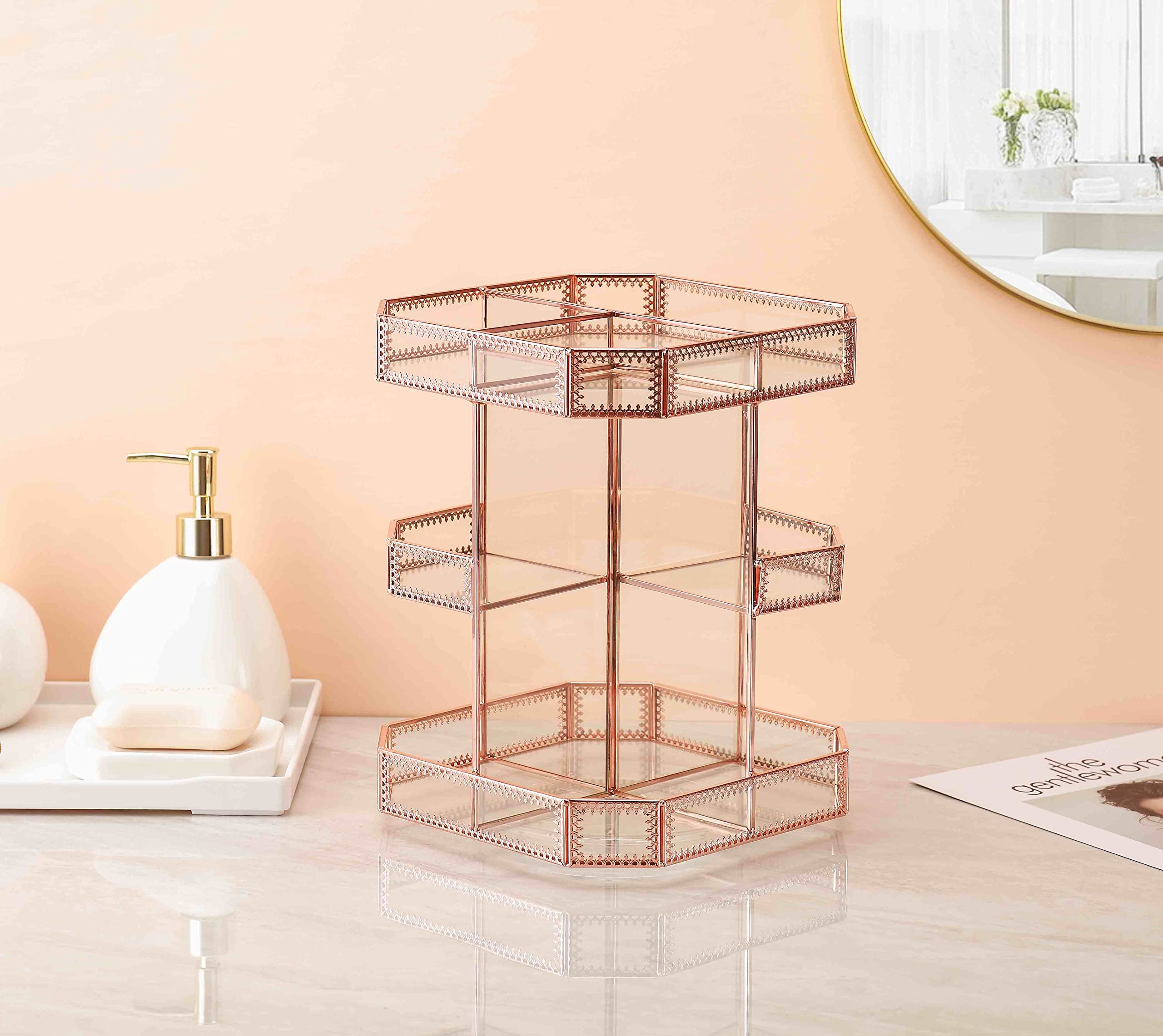 Miss Sweet Organizzatore di trucco per cosmetici regolabile a 360 gradi rotante (oro rosa)