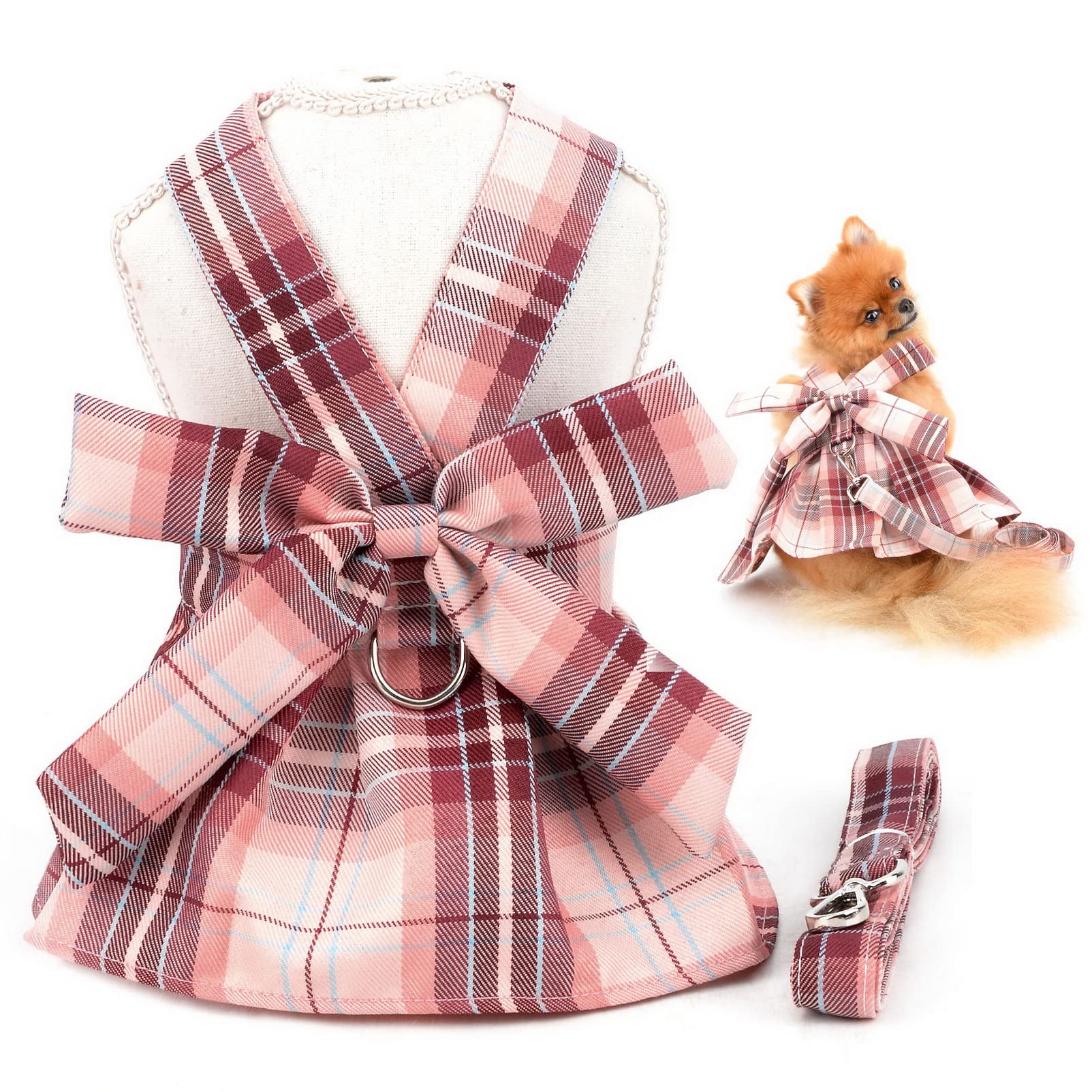 SMALLLEE_LUCKY_STORE Dog Plaid Harness Dress and Leash Set Bow Puppy Princess Dress for Small Medium Dog Cat Girls Pet Japanese School Skirt with D-ring Female Dog Clothes,Red,XXL