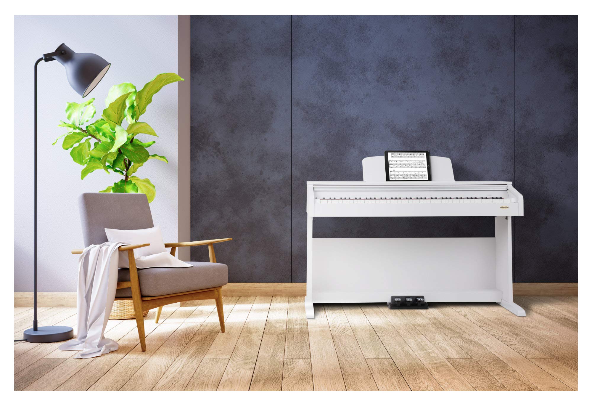 Classic Cantabile DP-210 WM E-Piano weiß matt, 128-fache Polyphonie | HA-88-S500 Tastatur mit 88 Tasten mit Hammermechanik, Soft, Mittel, Hard, 1 interner Demo-Song, 26 WMA-Voices, Chorus, Pedal