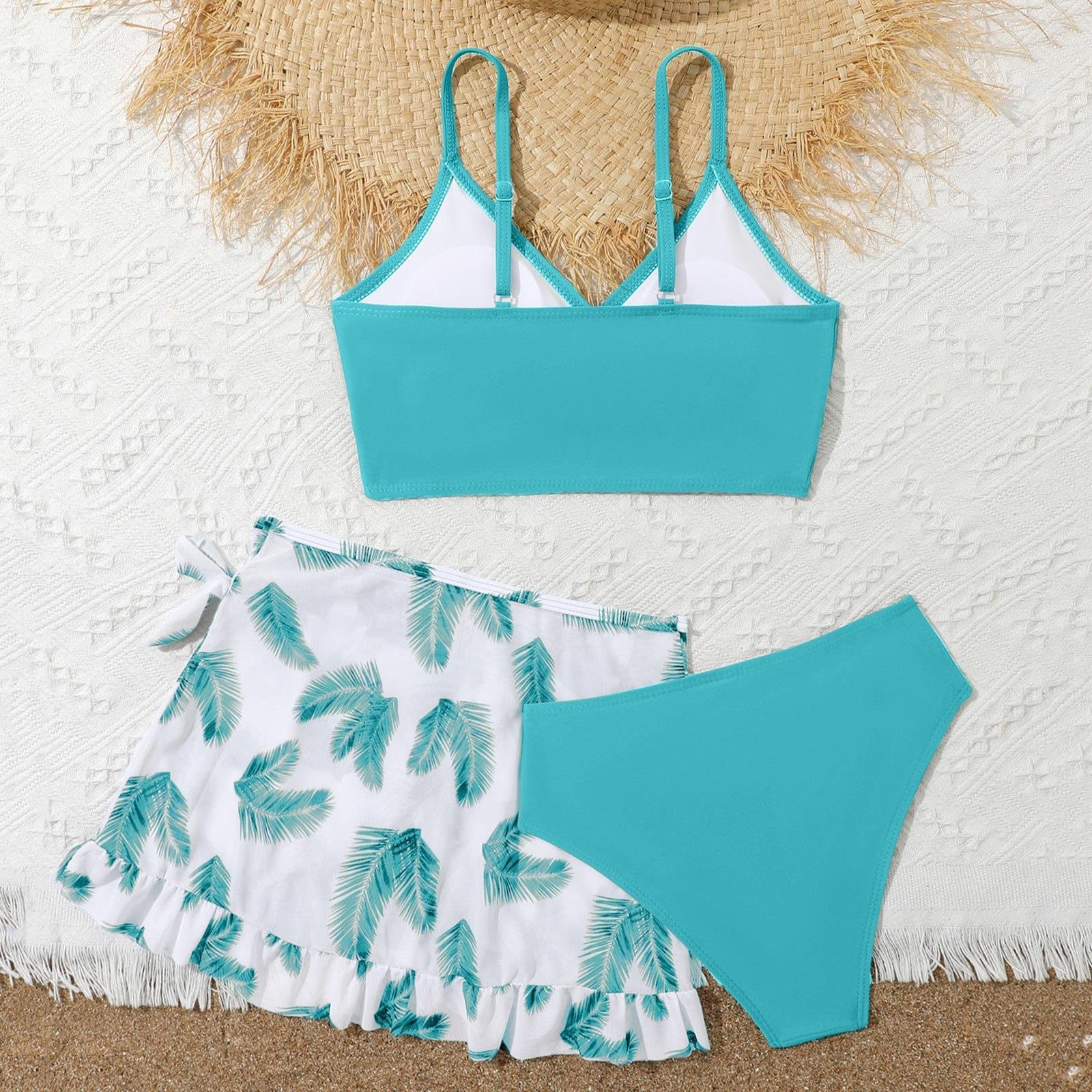 Generisch Traje de baño para niña de 3 piezas, color liso, bikini Rullfe