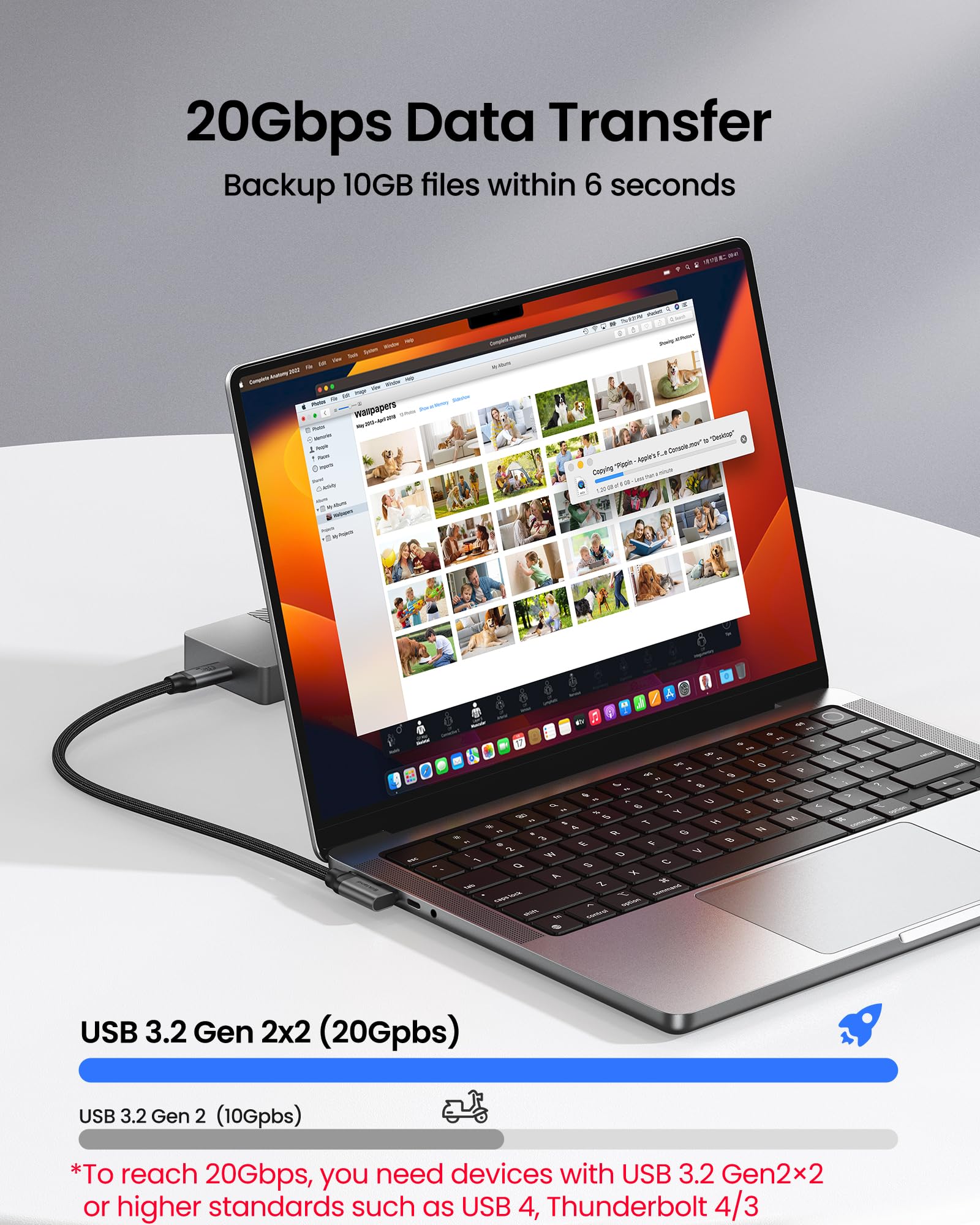 Silkland Cavo USB C 3.2 Gen2×2 90 Gradi 3M, 20Gbps Trasferimento Dati, USB Type C Ricarica Rapida PD3.1 240W 48V/5A, Cavo Video 5K/4K@60Hz per MacBook Pro, iPad Pro, iPhone 16/15, Dock, PSSD, Monitor