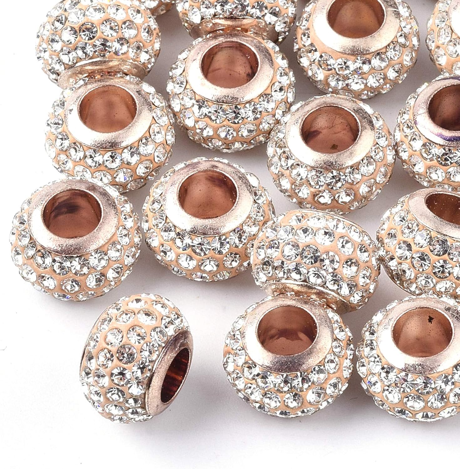 Craftdady 100Pcs Crystal Rhinestone European Spacer Beads Large Hole Polymer Clay Rondelle Slide Beads Light Gold with Single Core 11x8mm for Snake Chain Leather Bracelet Necklace Jewelry Making