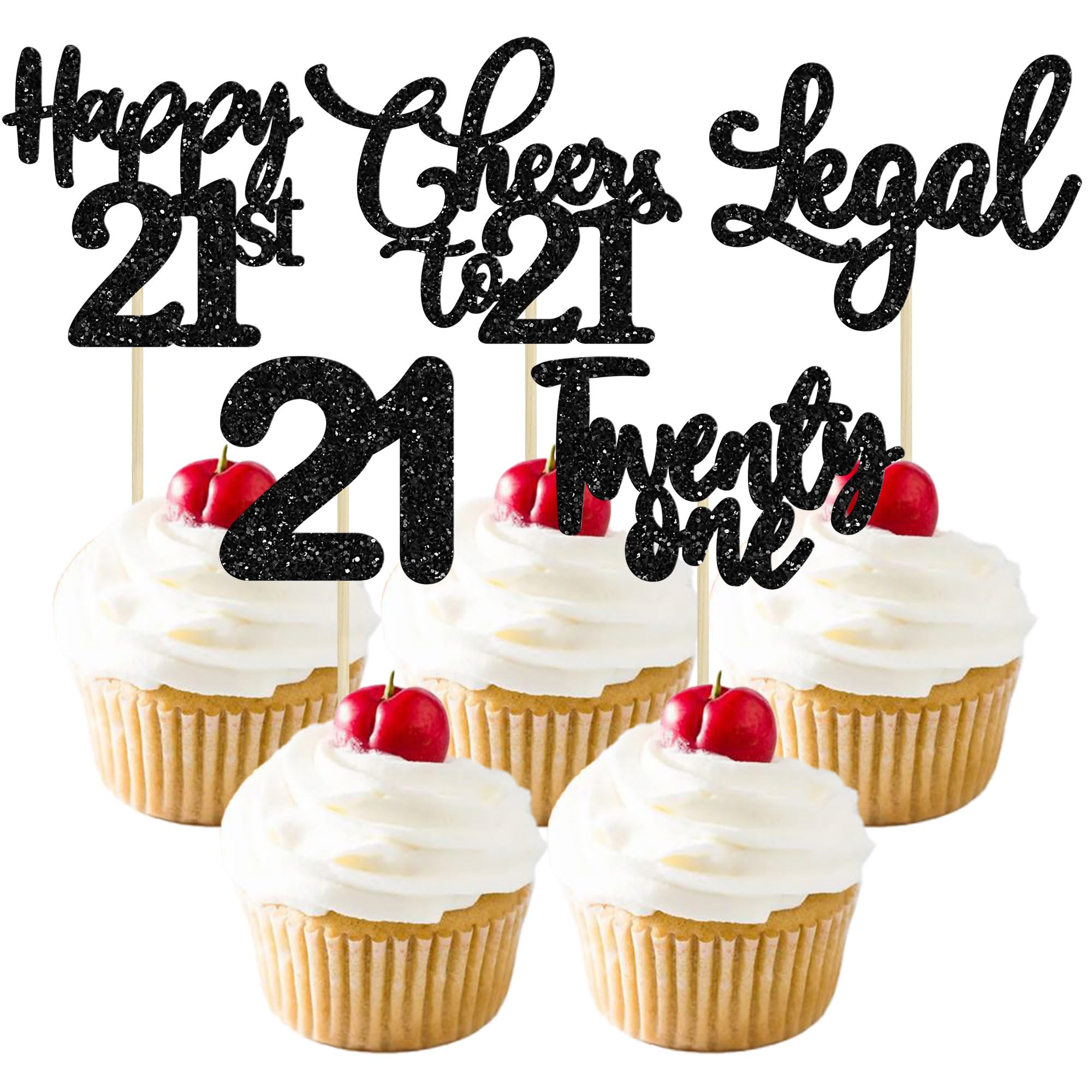 30 Pack Happy 21st Birthday Cupcake Toppers Black Glitter 21 Fabulous Cheers to 21 Years Old Birthday Cupcake Picks for Happy 21st Anniversary Party