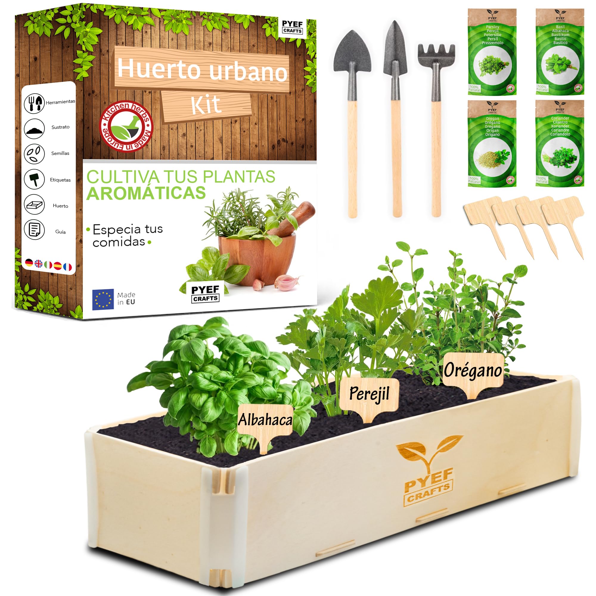 Huerto Urbano Hierbas Aromaticas PYEF CRAFTS - Semillas Oregano, Albahaca, Perejil y Cilantro - Kit Plantas Aromaticas Interior - Kit Semillas Plantas Culinarias Huerto en casa
