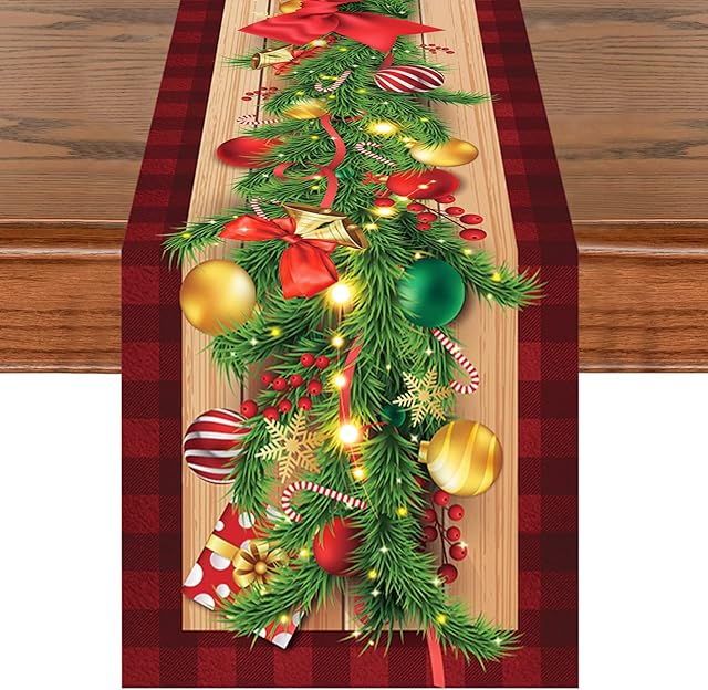 Christmas Table Runner, 13 x 72 Inch Xmas Red Berries & Red Black Buffalo Check Plaid Table Runner, 3D Realistic Winter Holiday Kitchen Wooden Table Line Decoration Indoor Outdoor Home Party Decor