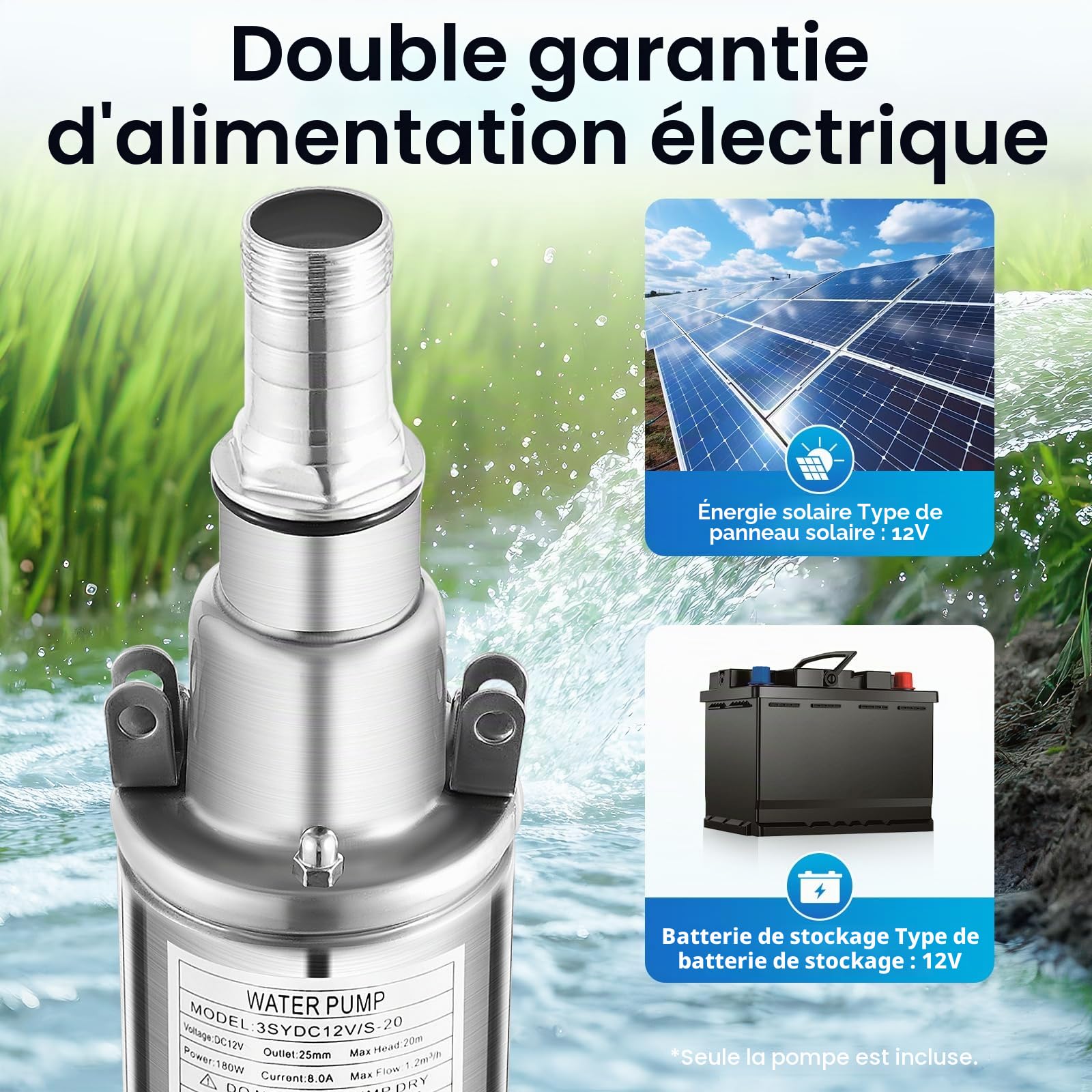 Pompe de puits profond, 12 V, 180 W, en acier inoxydable, submersible, sortie de 25 mm à 20 m, 1,2 m³/h, idéale pour l'irrigation ou l'approvisionnement en eau