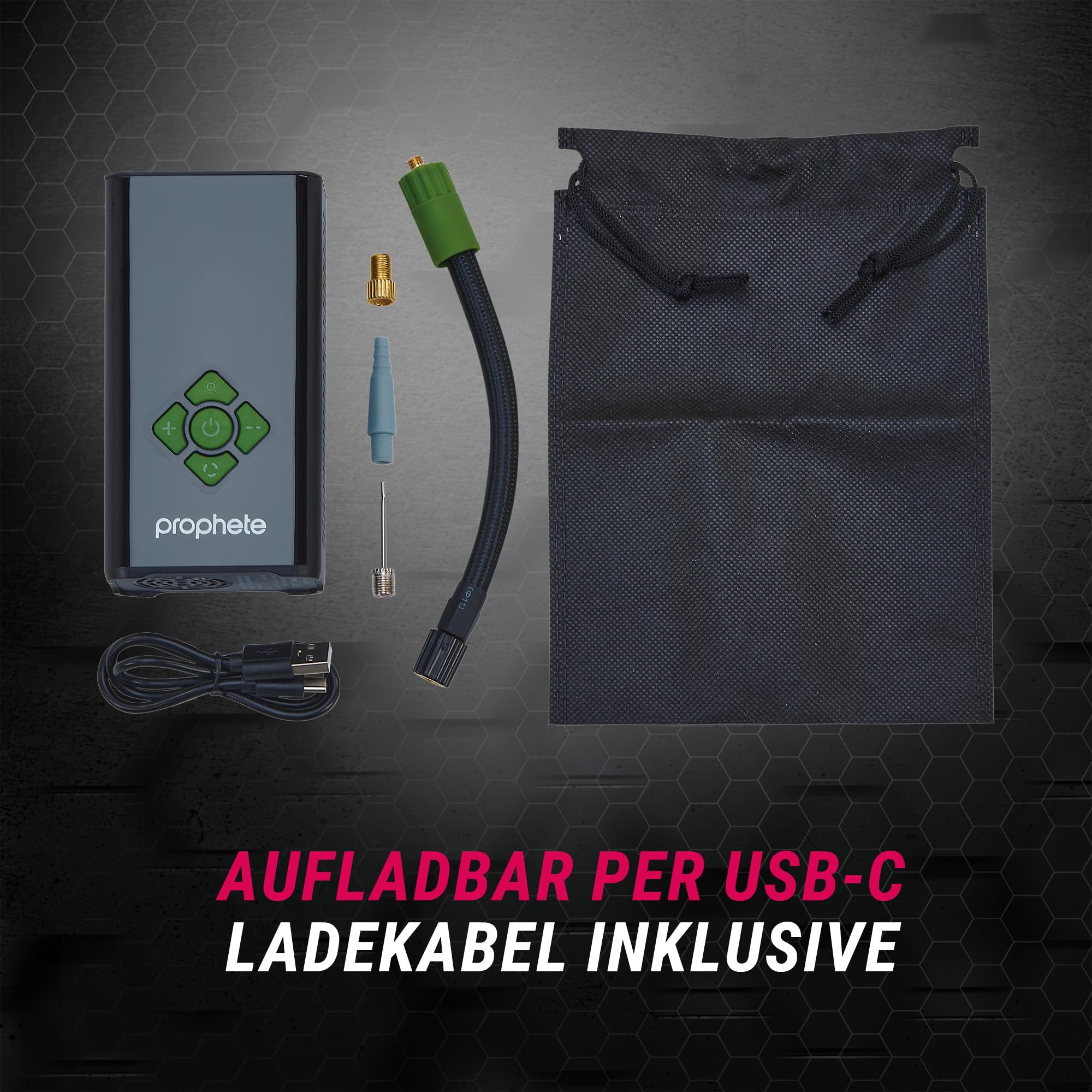 Prophete Elektrische Akkupumpe – kompakte Luftpumpe für Fahrradreifen, Bälle & Luftmatratzen – 4000 mAh Akku, 8,3 bar Maximaldruck, LED-Licht & Powerbank-Funktion, inkl. Adapter & USB-C Ladekabel