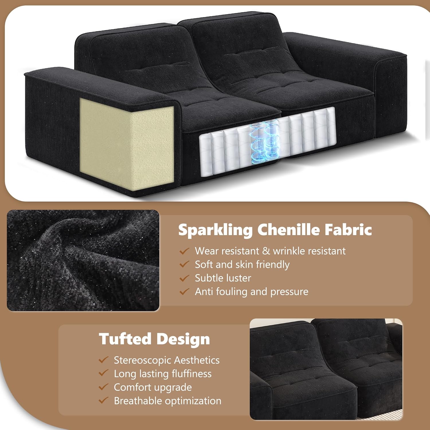 83.6" Cloud Couch, Modular Sectional Sofa, 3 Seater Curved Couch Loveseat Floor Sofa, Sparkling Chenille Boneless Couches for Living Room, Memory Foam, No Assembly Required (Black, Loveseat)