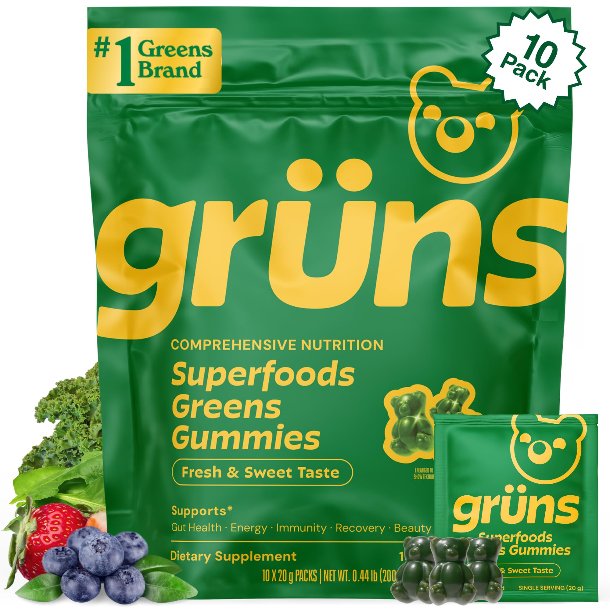 Gruns Adult Super Greens Gummies, 10 Pack, Superfood Gummy Bears with Spirulina, Chlorella & Prebiotics for Digestive Health, Adaptogens Supplement with 20 Vitamins & Minerals, Low Sugar