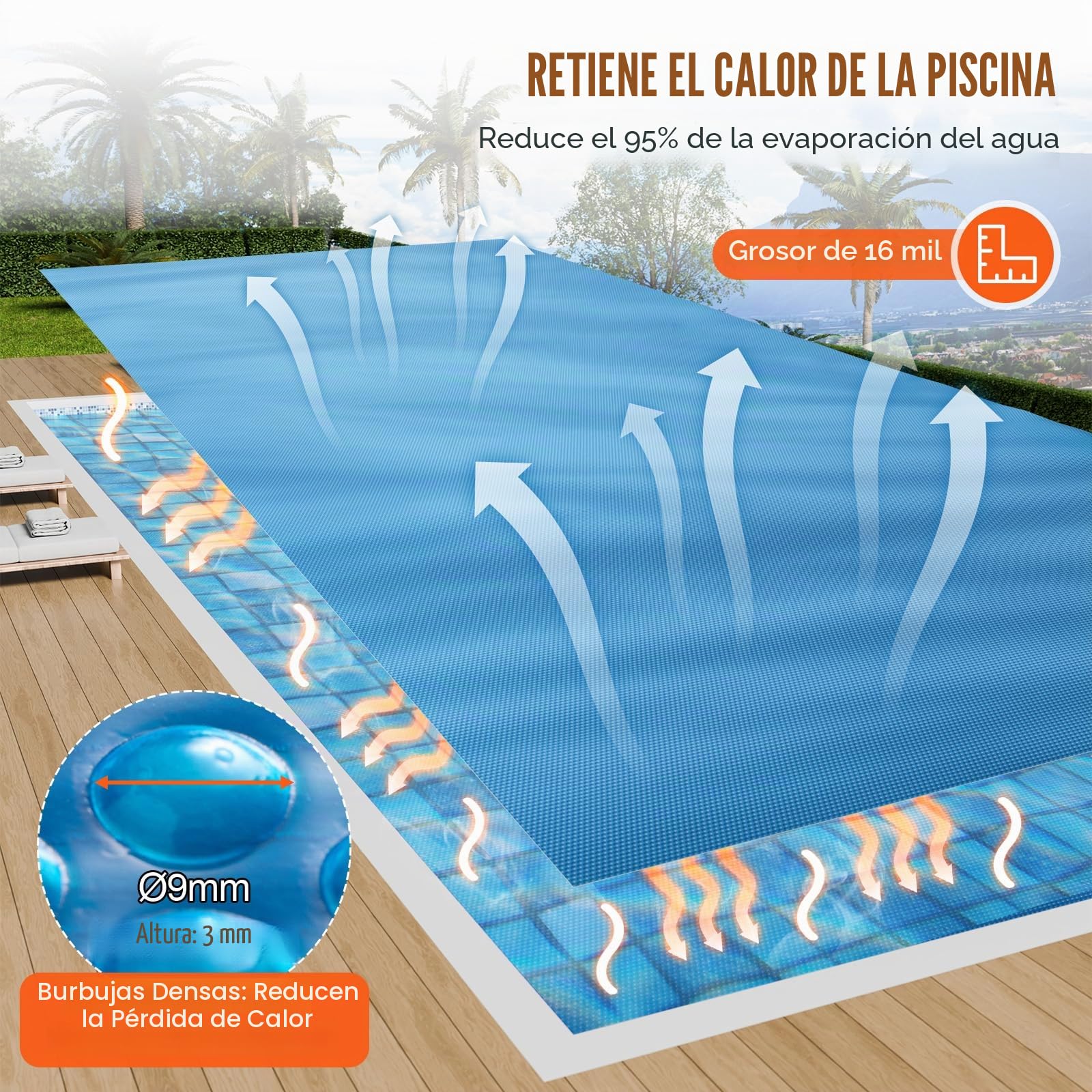 VEVOR Cubierta Solar para Piscina Manta Solar Rectangular de 9,75×4,87 m para Piscinas Cubierta Solar para Piscina Enterrada sobre el Suelo Cubiertas Solares de Color Azul de 16 mil para Piscinas