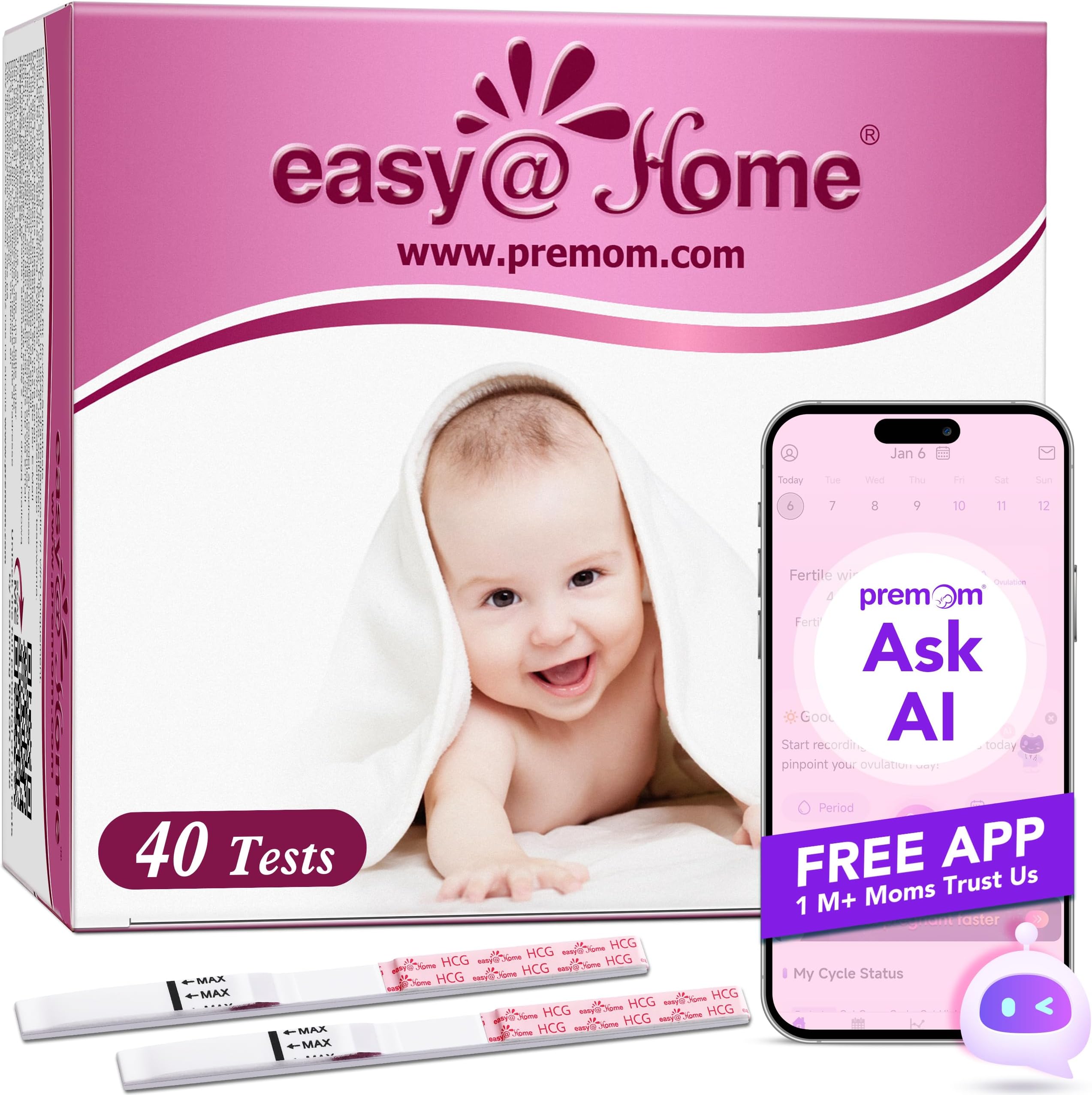 Easy@Home Pregnancy Test Strips Early Detection: 40 x HCG Strips 10mIU/mL, Accurate Sensitive Early Pregnancy Tests with Smart APP, Home Fertility Testing Kit 40 Packs