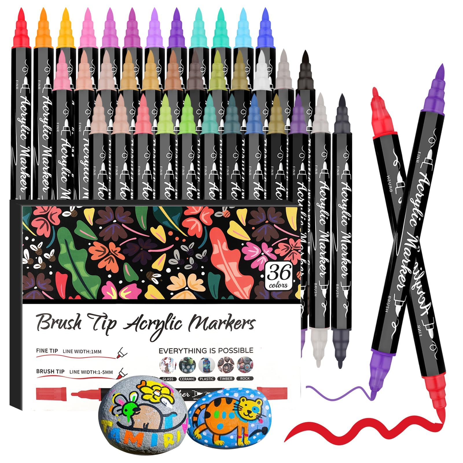 Acrylic Paint Pens, 36 Colours Dual Tip Acrylic Paint Markers, Acrylic Pens with Fine & Brush Tip for Glass, Fabric, Ceramic, Egg, Rock Painting