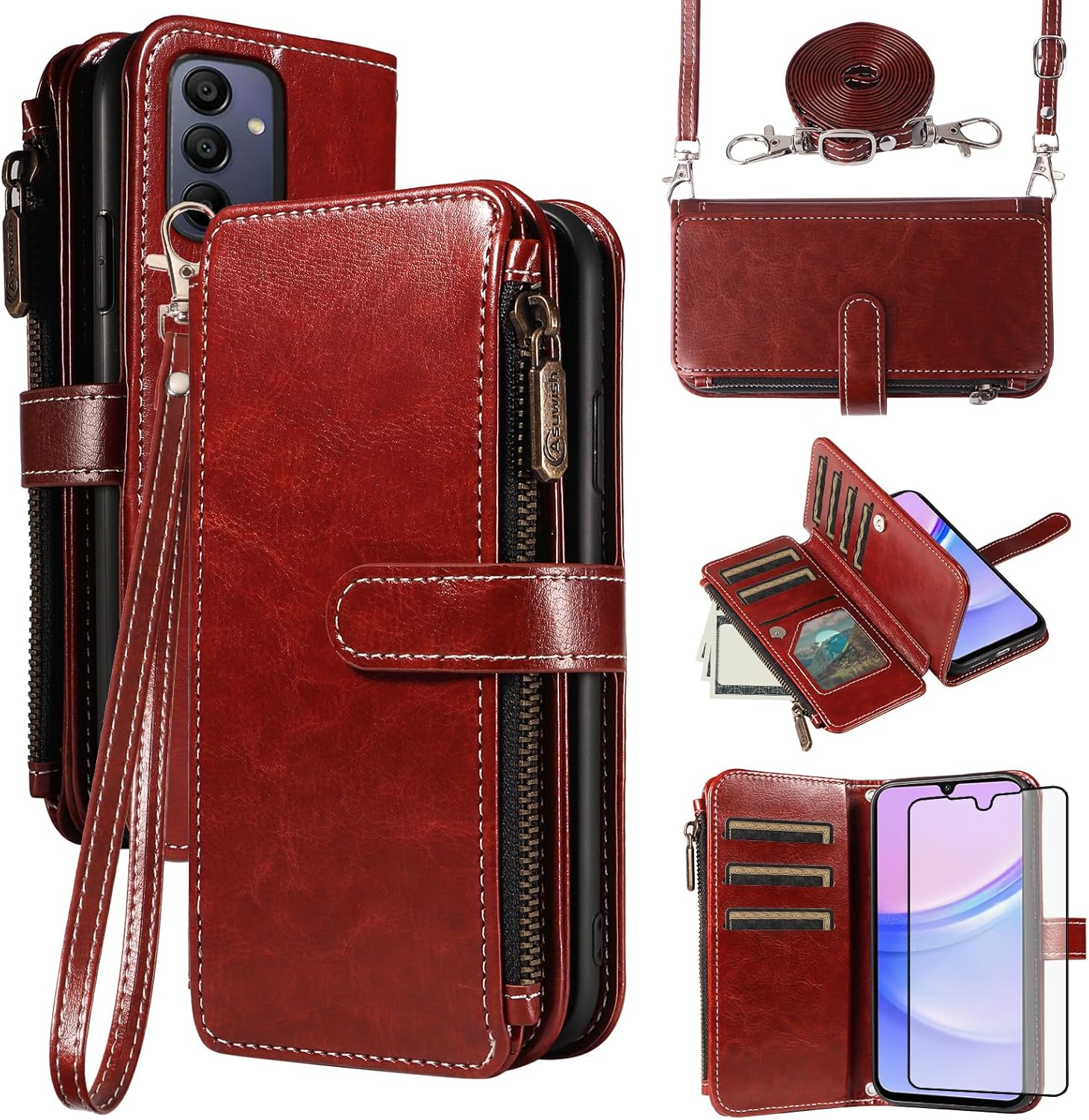 Asuwish Phone Case for Samsung Galaxy A15 5G/4G Cover with Tempered Glass Screen Protector and Lanyard Zipper Wallet Card Holder Slot Stand Mobile Flip Cell Accessories A 15 G5 15A Women Men Brown