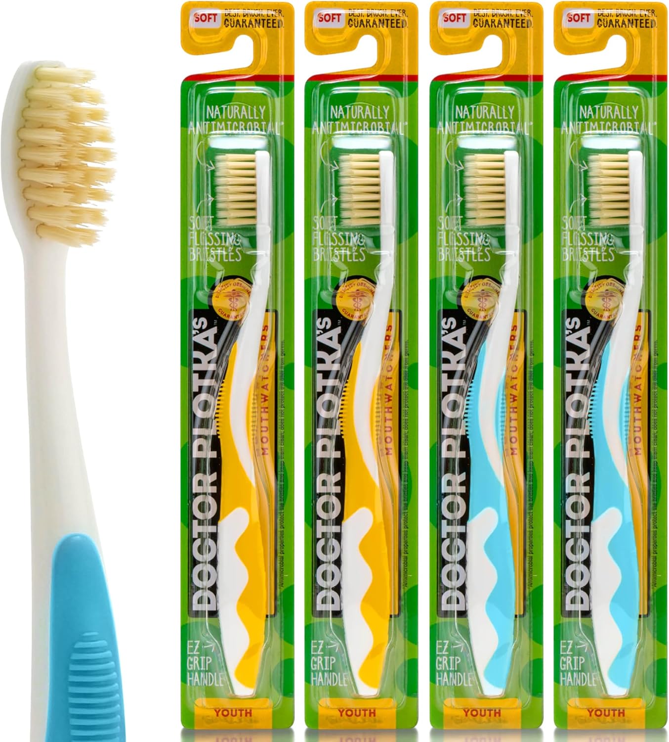 MOUTHWATCHERS Soft Childrens Flossing Manual Toothbrush, Value Pack of 4, Yellow and Blue, Toothbrushes for Kids & Teens, Ultra Clean, by Dr. Plotka’s MOUTHWATCHERS Soft Childrens Flossing Manual Toothbrush, Value Pack of 4, Yellow and Blue, Toothbrushes for Kids & Teens, Ultra Clean, by Dr. Plotka’s