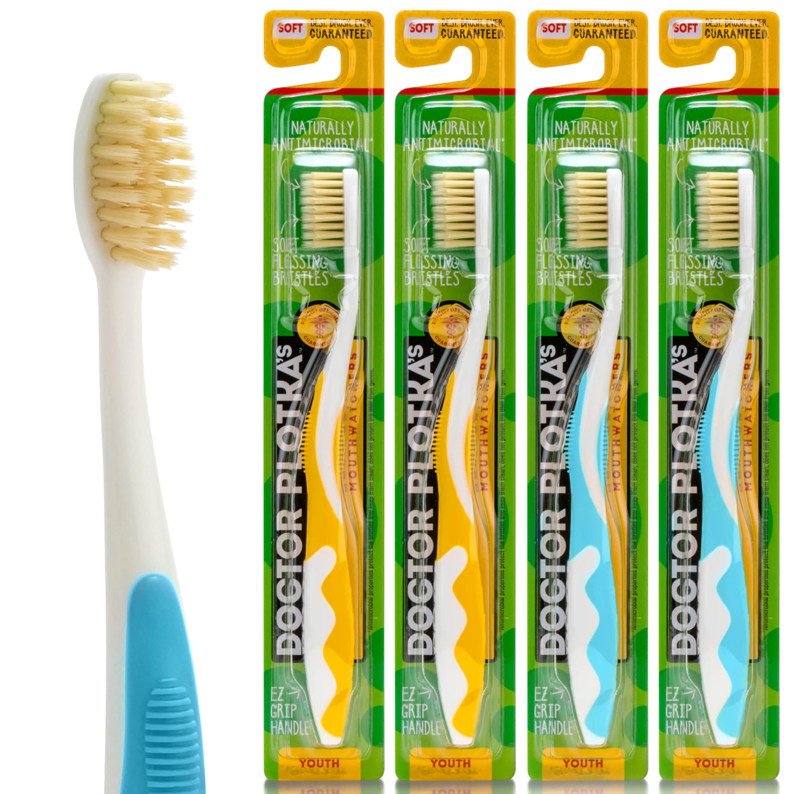 MOUTHWATCHERSSoft Childrens Flossing Manual Toothbrush, Value Pack of 4, Yellow and Blue, Toothbrushes for Kids & Teens, Ultra Clean, by Dr. Plotka's
