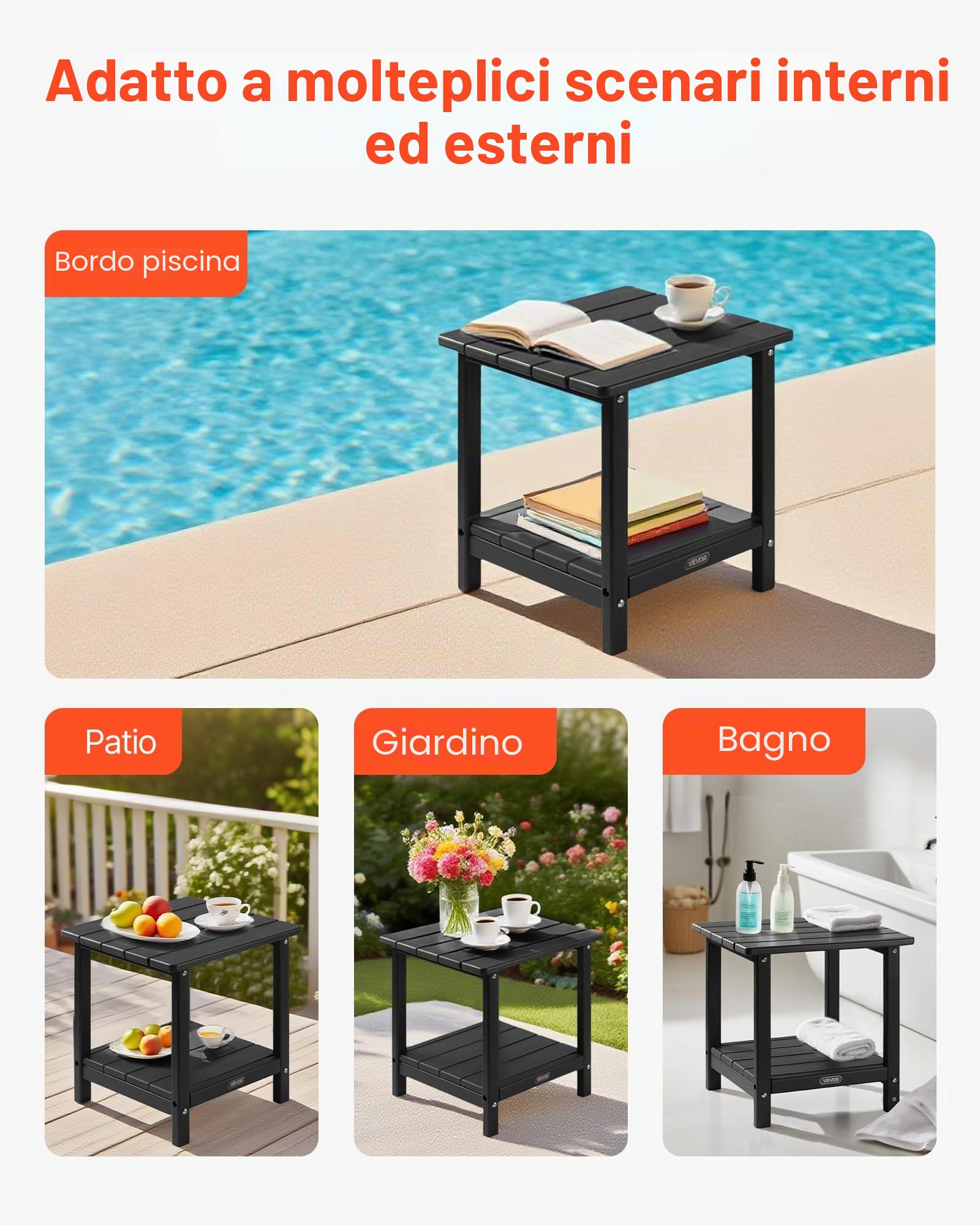 VEVOR Tavolino da Giardino 2 Ripiani 45 x 38 x 44 cm, HDPE, Tavolino da Esterno Mobiletto per Cortile per Bordo piscina, Spiaggia, Veranda, Balcone, Interno, Nero