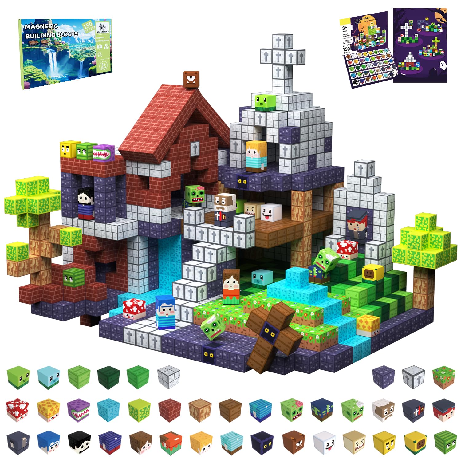 Magnetische Bausteine Bauspielzeug 150 Pcs Magnetbausteine für Kinder Montessori Kreative Spielzeug ab 3 4 5 6 7 8 9 10 Jahre Junge und Mädchen Magnetic Blocks Geschenke für Kinder（Zombie-Insel）