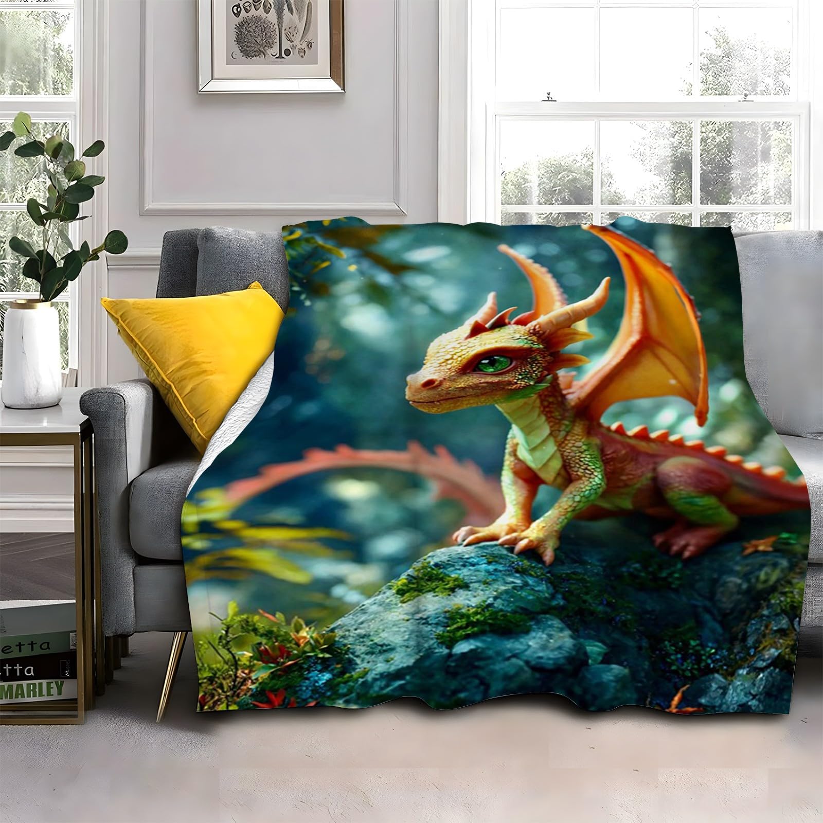 Generisch Puszysty koc do przytulania, żółto-zielony smok, 200 x 200 cm, miękki i dwustronny koc polarowy z nadrukiem 3D, idealny koc na sofę dla wszystkich, przytulny koc na sofę i łóżko AL1283