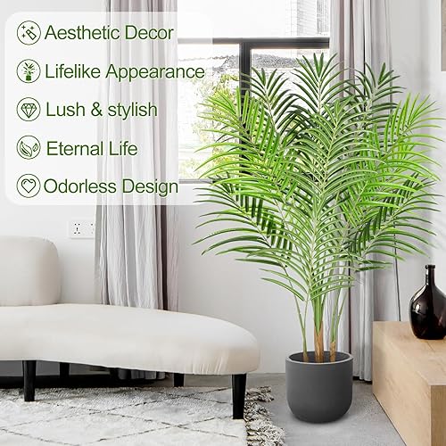 Miniatura 3 de Palmera artificial de 4 pies de alto, palmera falsa para decoración de interiores con 13 troncos y diseño de corteza real, palmera areca tropical