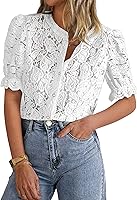 PRETTYGARDEN Women's Lace Puff Sleeve Button Down Blouse, Eyelet Crew Neck Summer Tops, Casual Dressy Shirts