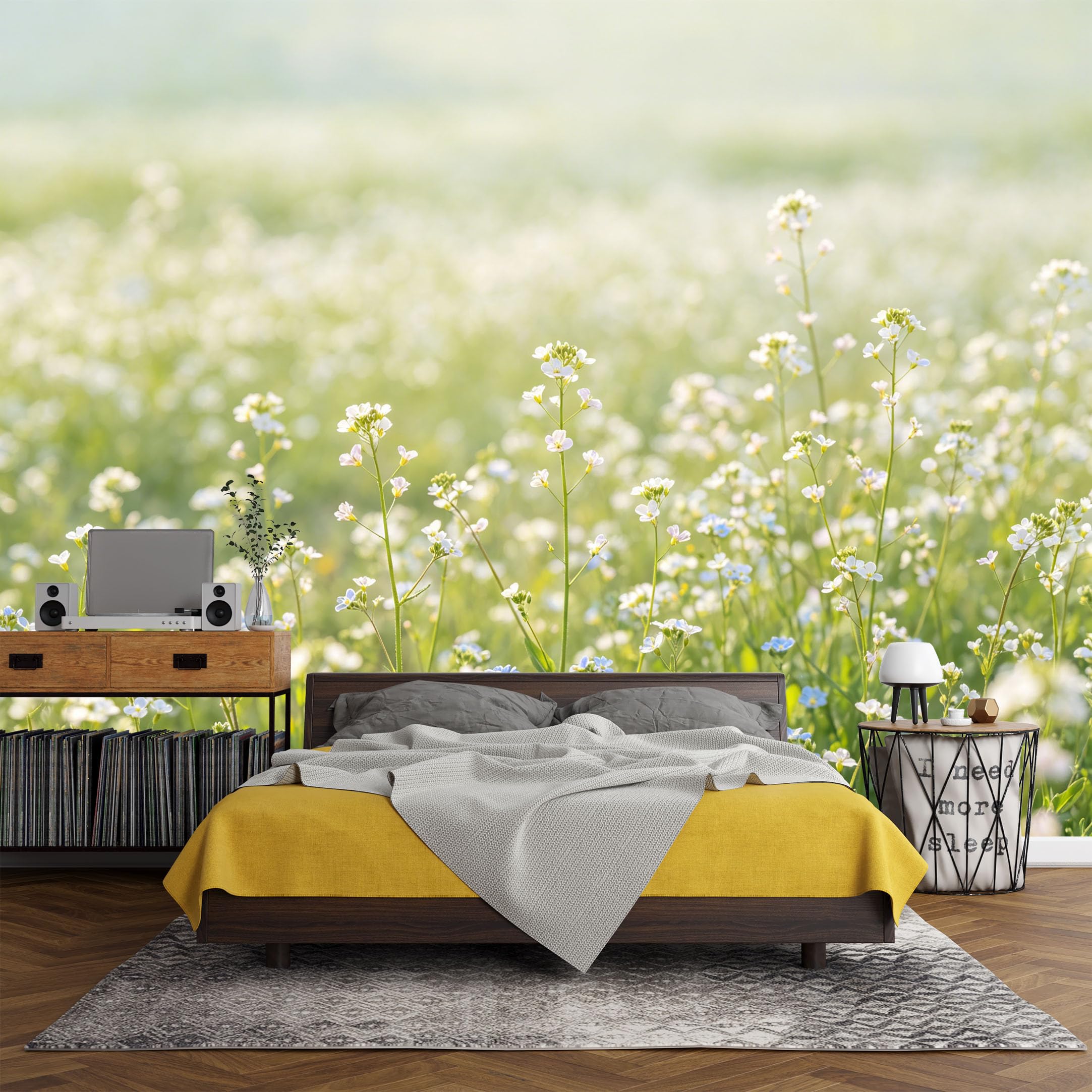 Custom Size Wall Mural， Botanical Wildflower Meadow Sunlight Bloom Pastel Field，SelfAdhesive Art Prints wall Fabric (No PVC) Removable Wallpaper Living Room Decor