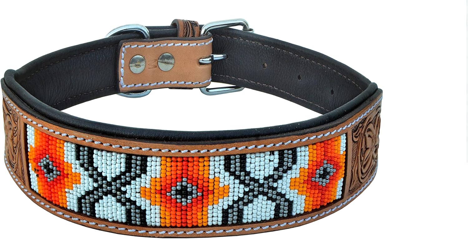 Leather Dog Collar Western Style Heavy Duty Hand Tooled Adjustable Beaded and Padded Soft for Puppies and Big Dogs 10AB021-M