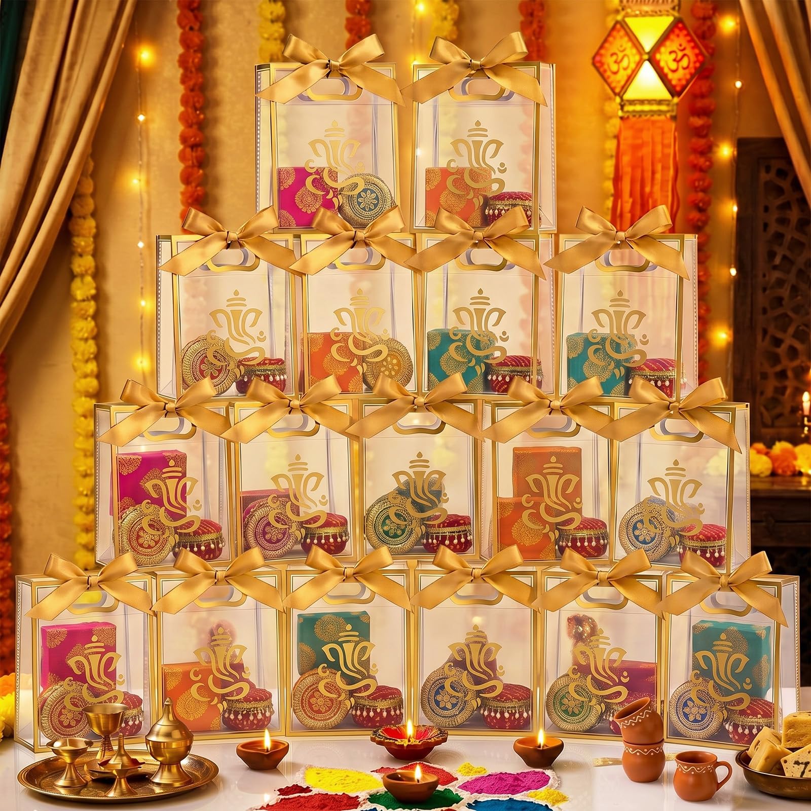 Bulyoou 24 Pcs Indian Return Plastic Gift Bags for Wedding Bulk 10 x 7 Inches Hindu Religious Pooja Wedding Party Favor Bags with Handle Small Diwali Pouch for Indian Pooja Housewarming (Ganesha)