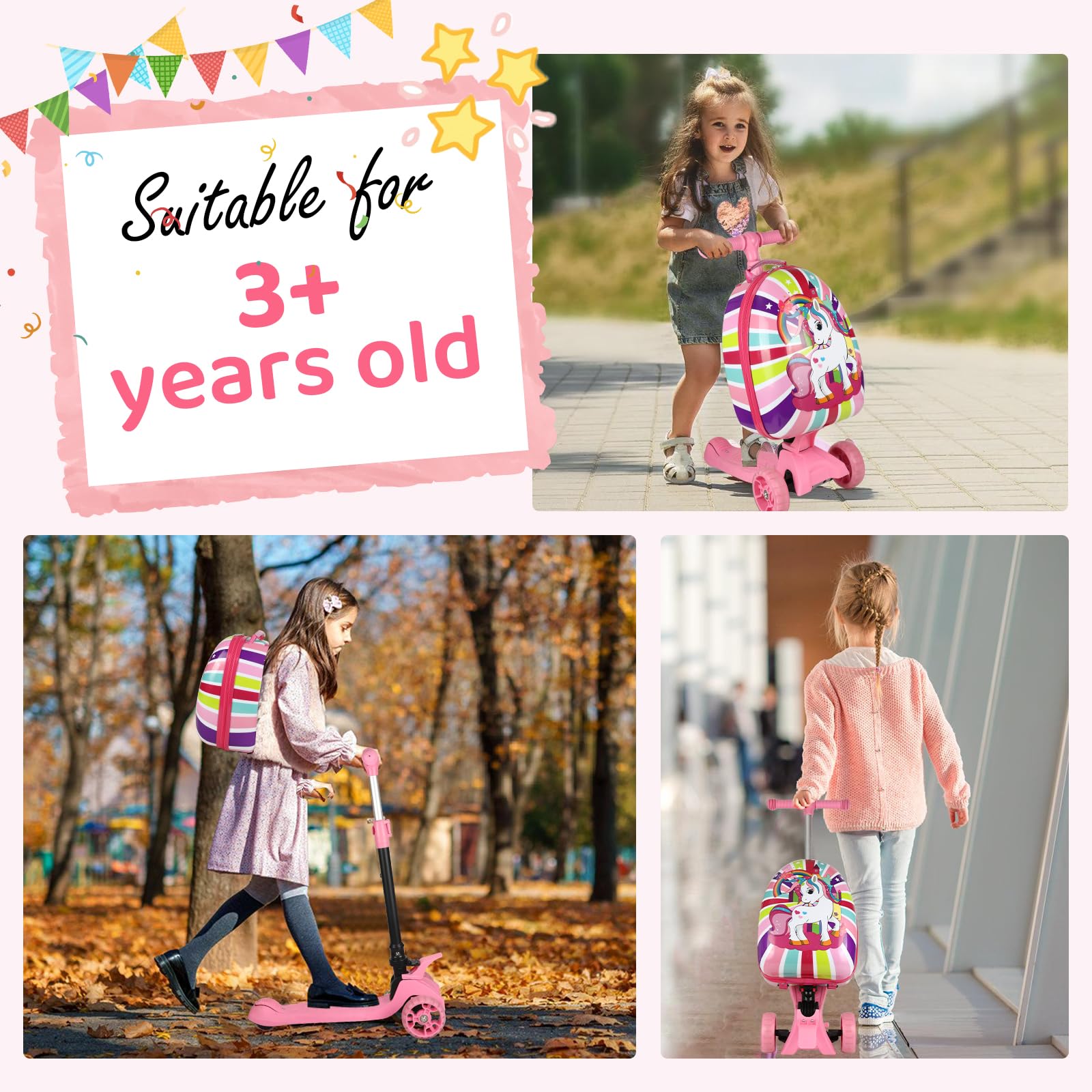 Maleta 3 en 1 para patinete, maleta rígida 3D para niños con ruedas de luz LED, mango retráctil, plegable y altura ajustable para niños y niñas (rosa)